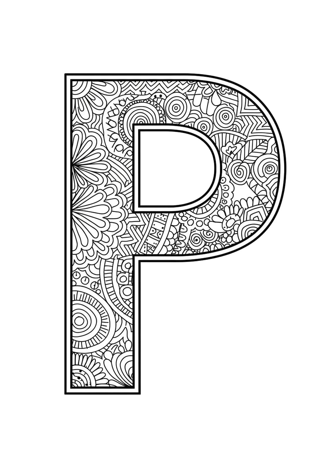 Letter P outlined with abstract geometric shapes and patterns for coloring.
