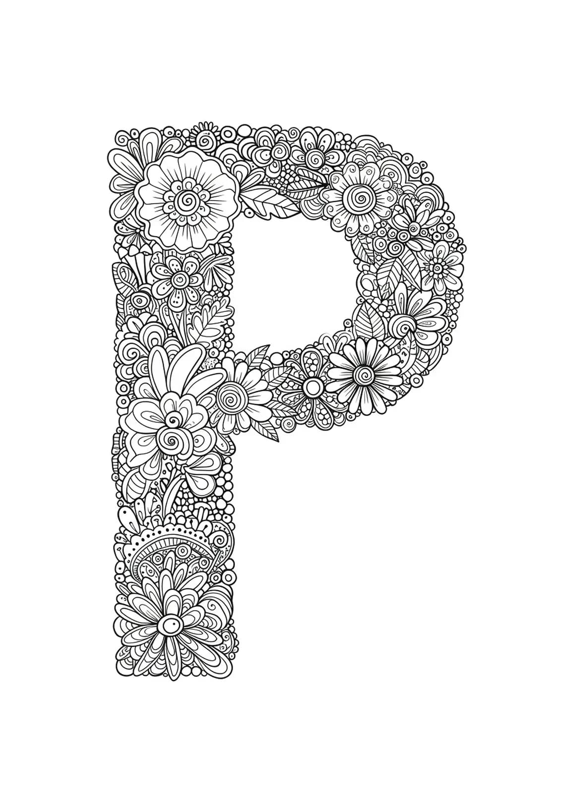 Zentangle floral patterns and leaves intertwining and surrounding the letter P, highly detailed