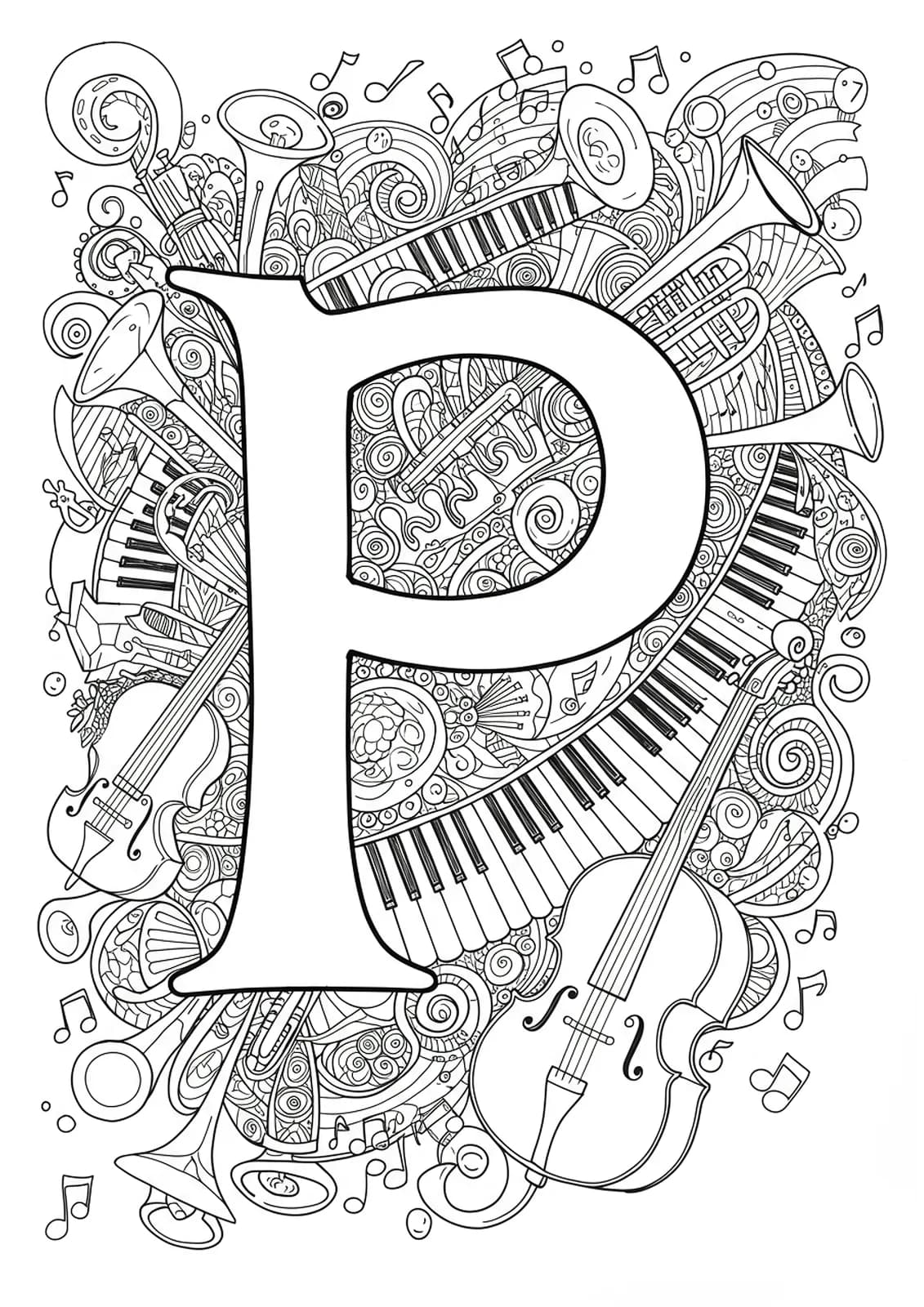 Letter P surrounded by intricately detailed musical instruments and swirling notes