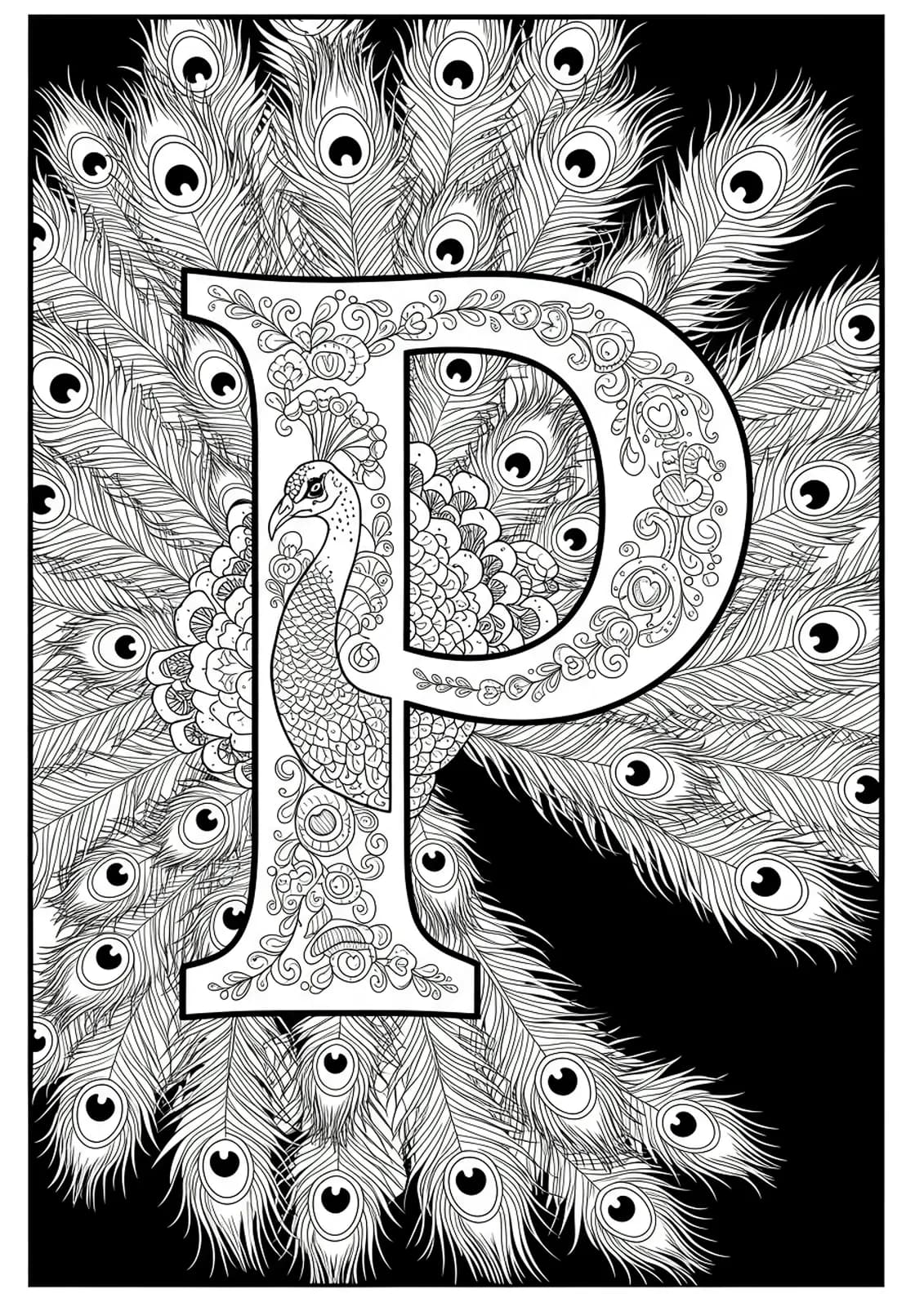 Letter P detailed with overlapping, ornate peacock feathers, highly intricate