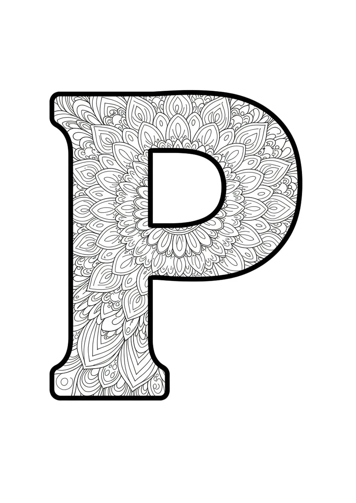 Letter P filled with mandala patterns for coloring, medium complexity.