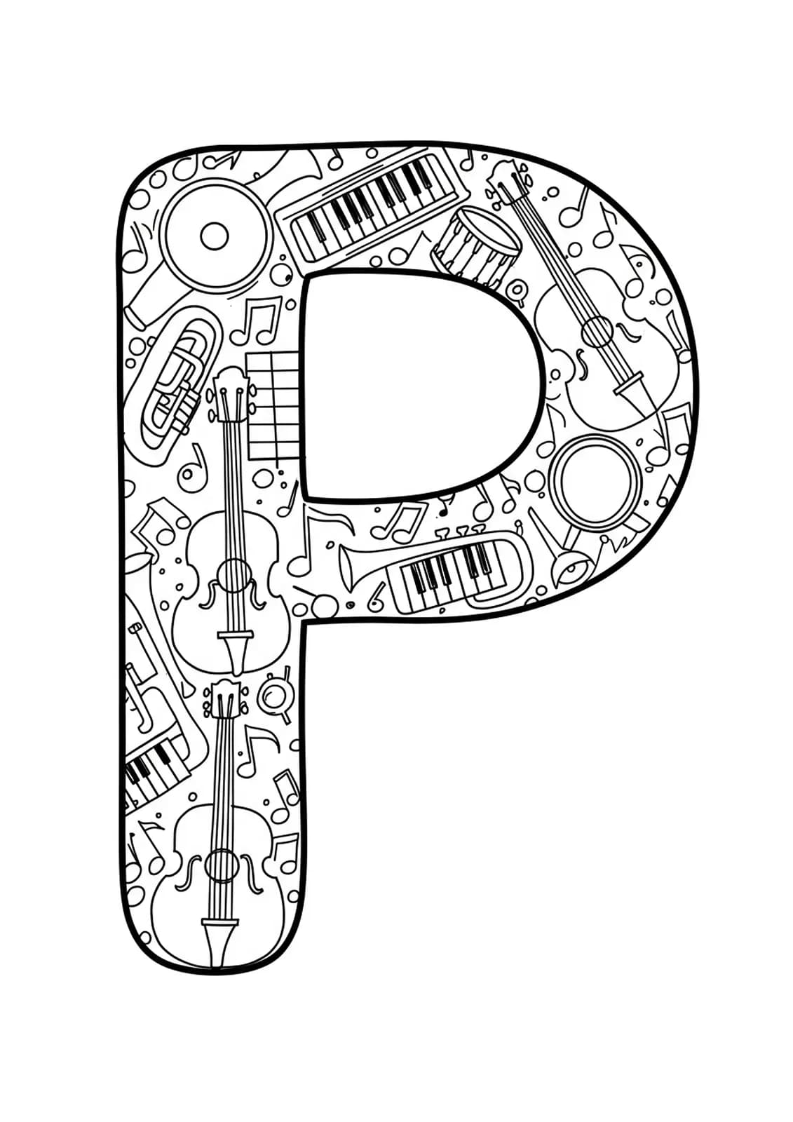 Letter P decorated with musical instruments and notes for coloring.