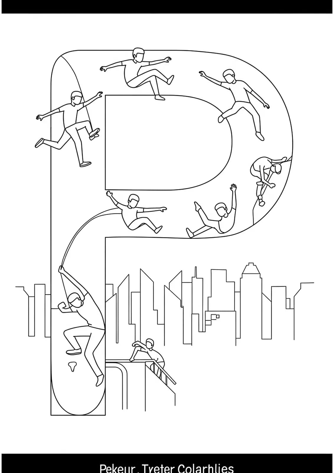 Letter P with parkour athletes running and jumping through urban city rooftops and walls, moderately detailed.