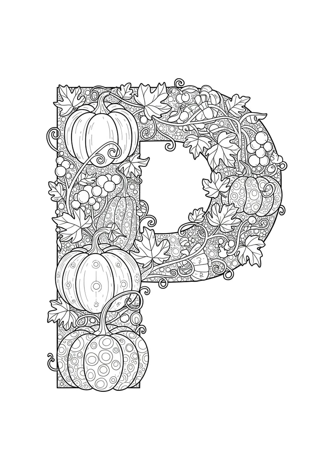 Printable hard coloring page of letter P with detailed pumpkins, leaves, and vines in an autumn setting.