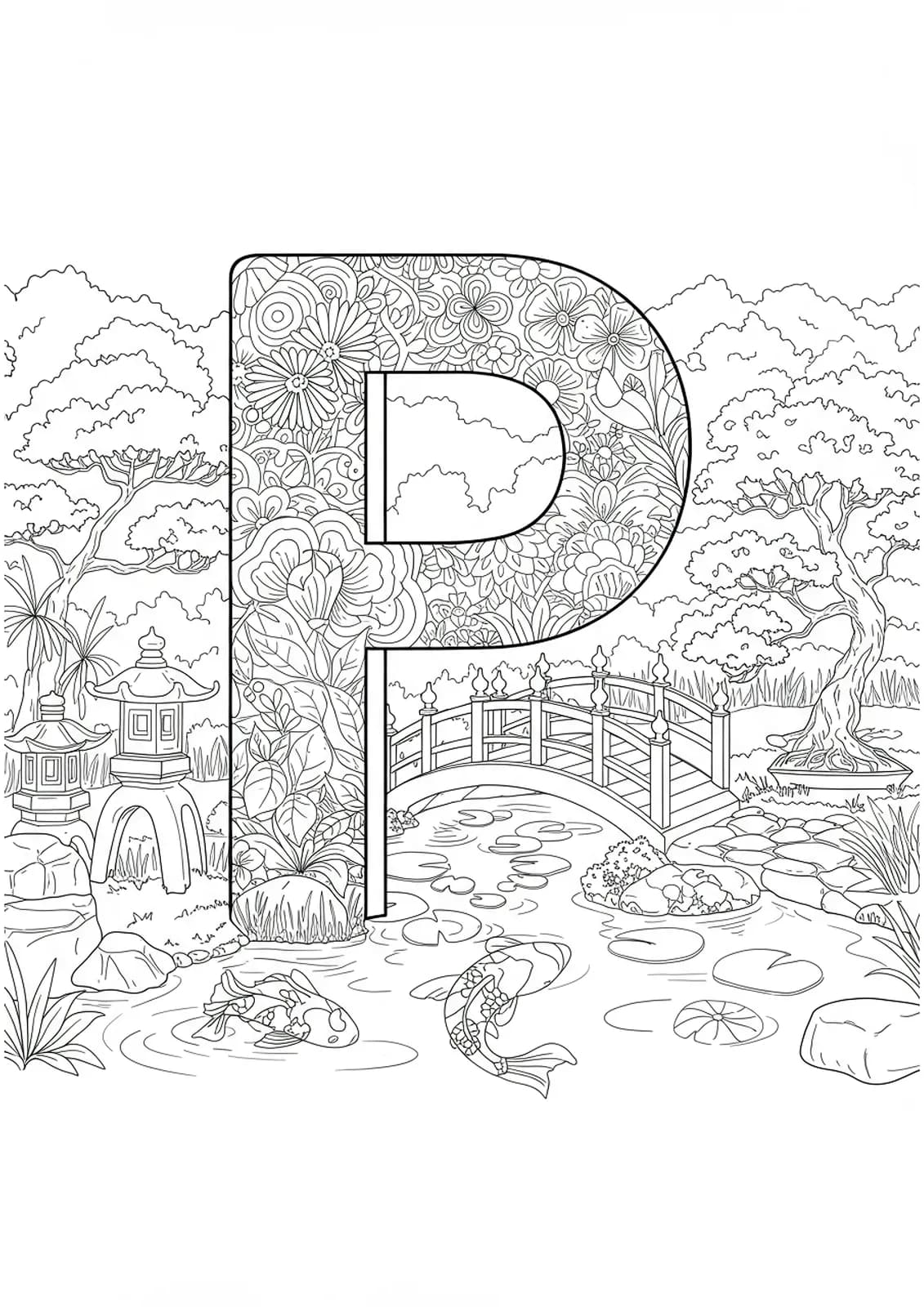 Letter P set in a Japanese garden with koi pond, lanterns, bonsai trees, and bridges, medium complexity.