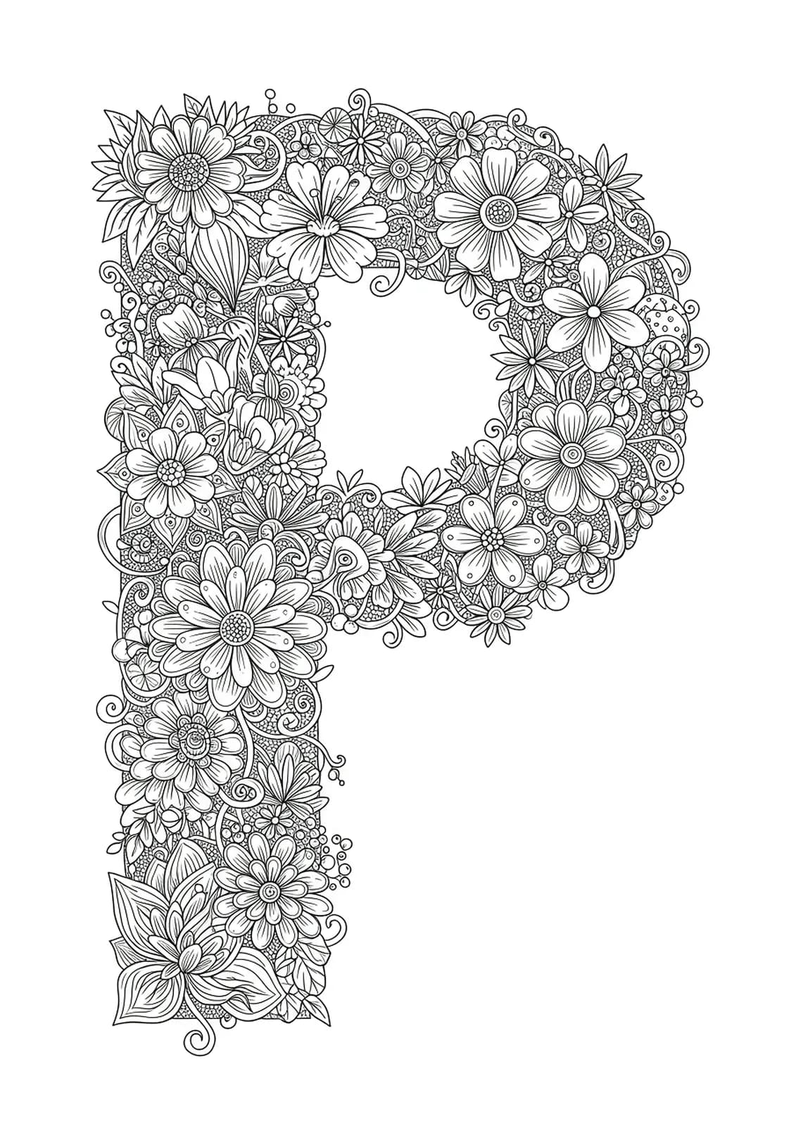 Botanical letter P coloring page with detailed exotic plants, flowers, and vines.