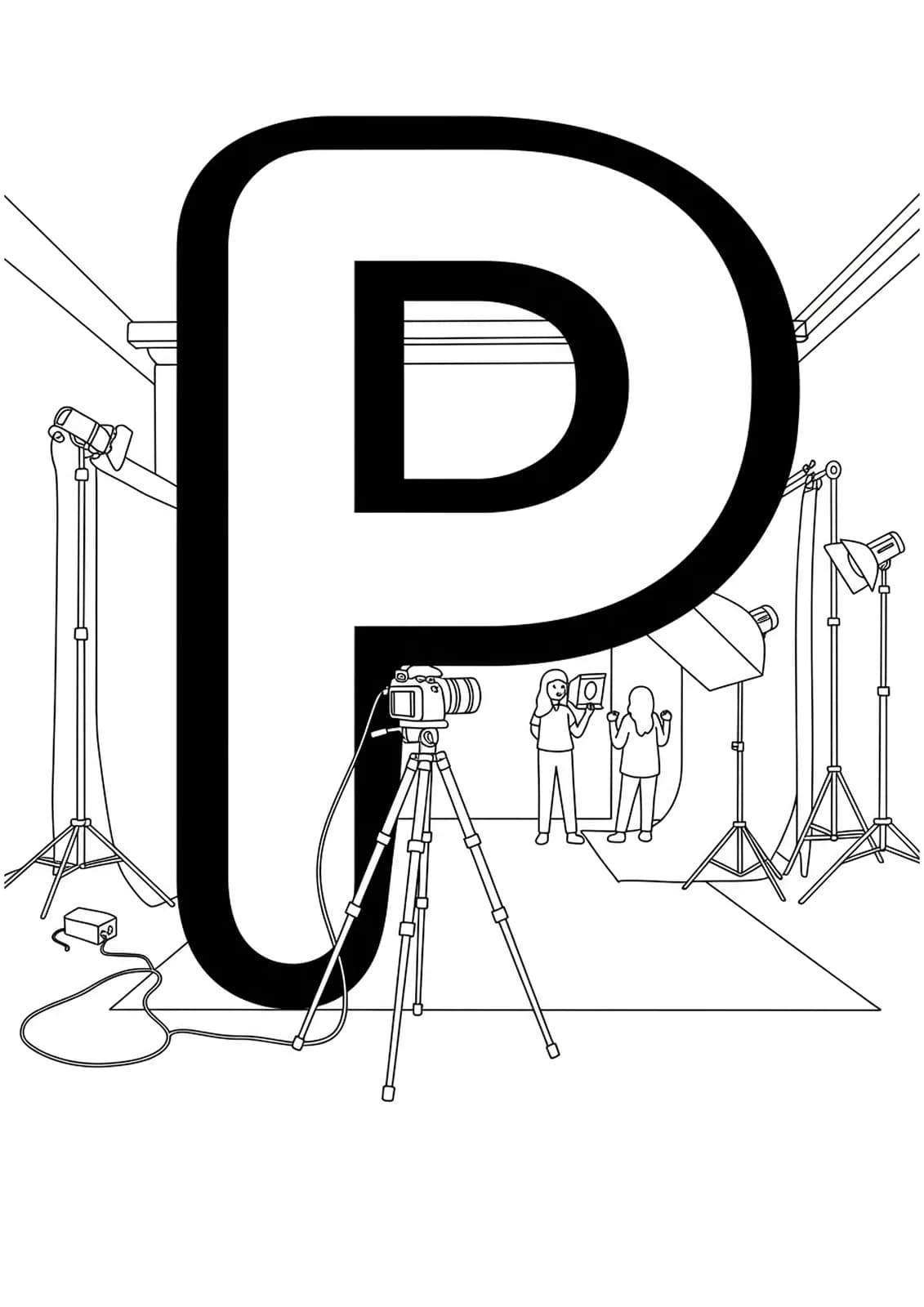 Letter P surrounded by cameras, tripods, lights, and studio backdrops, photo shoot scene, medium detail.