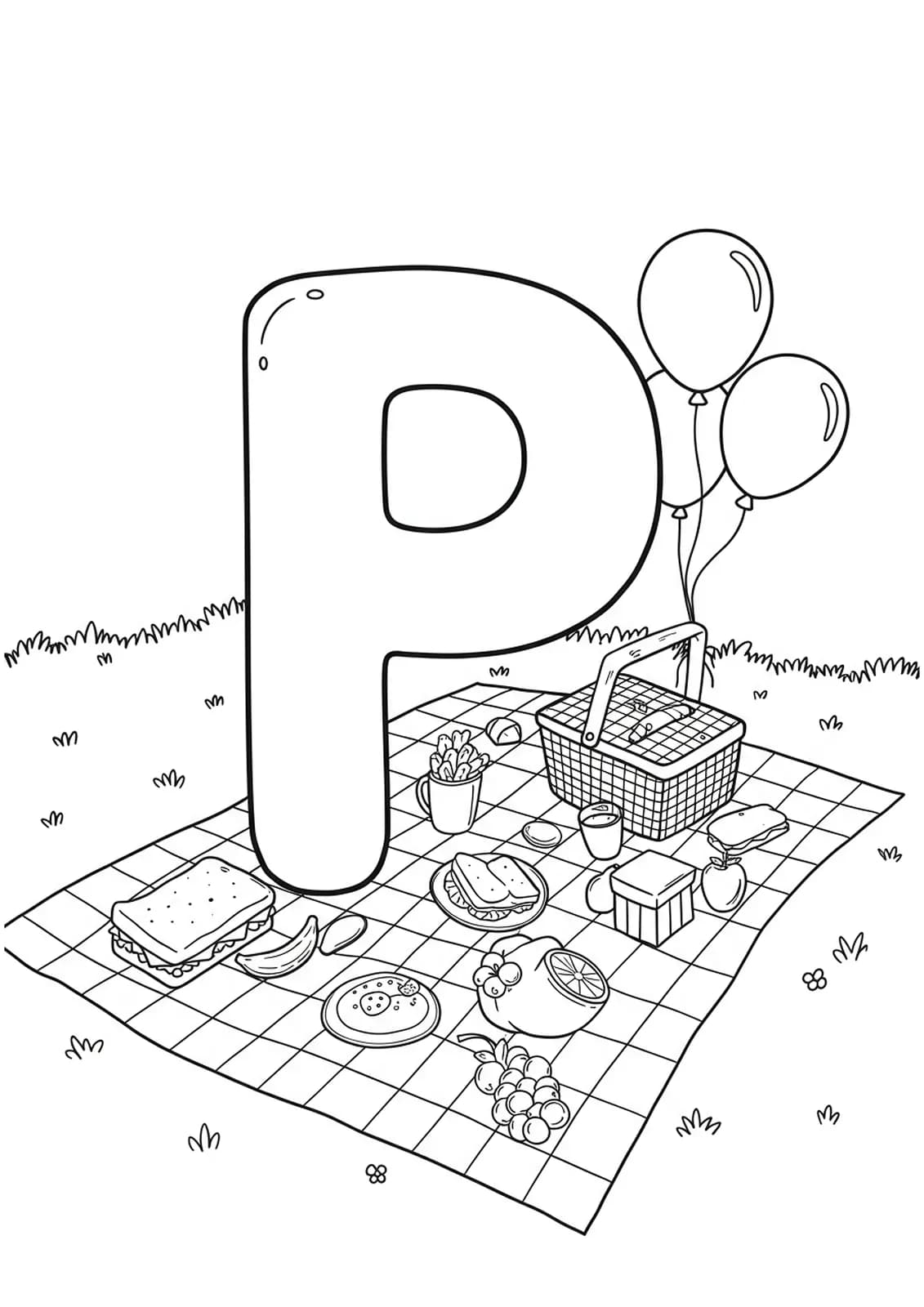 Line art of the letter P on a picnic blanket, with baskets, sandwiches, fruit, and balloons.