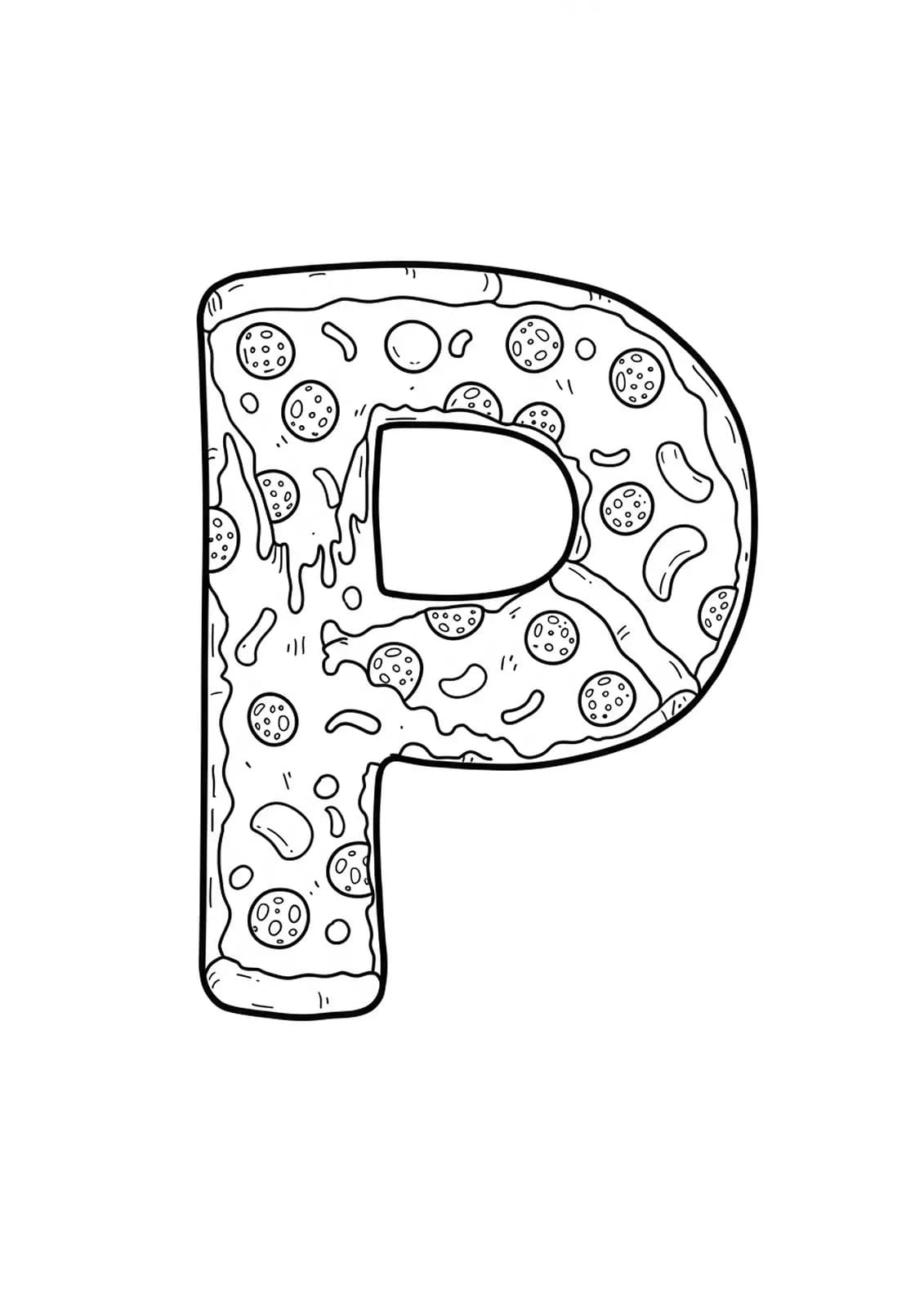 A large letter P with several cartoon pizza slices around it, all simply outlined.