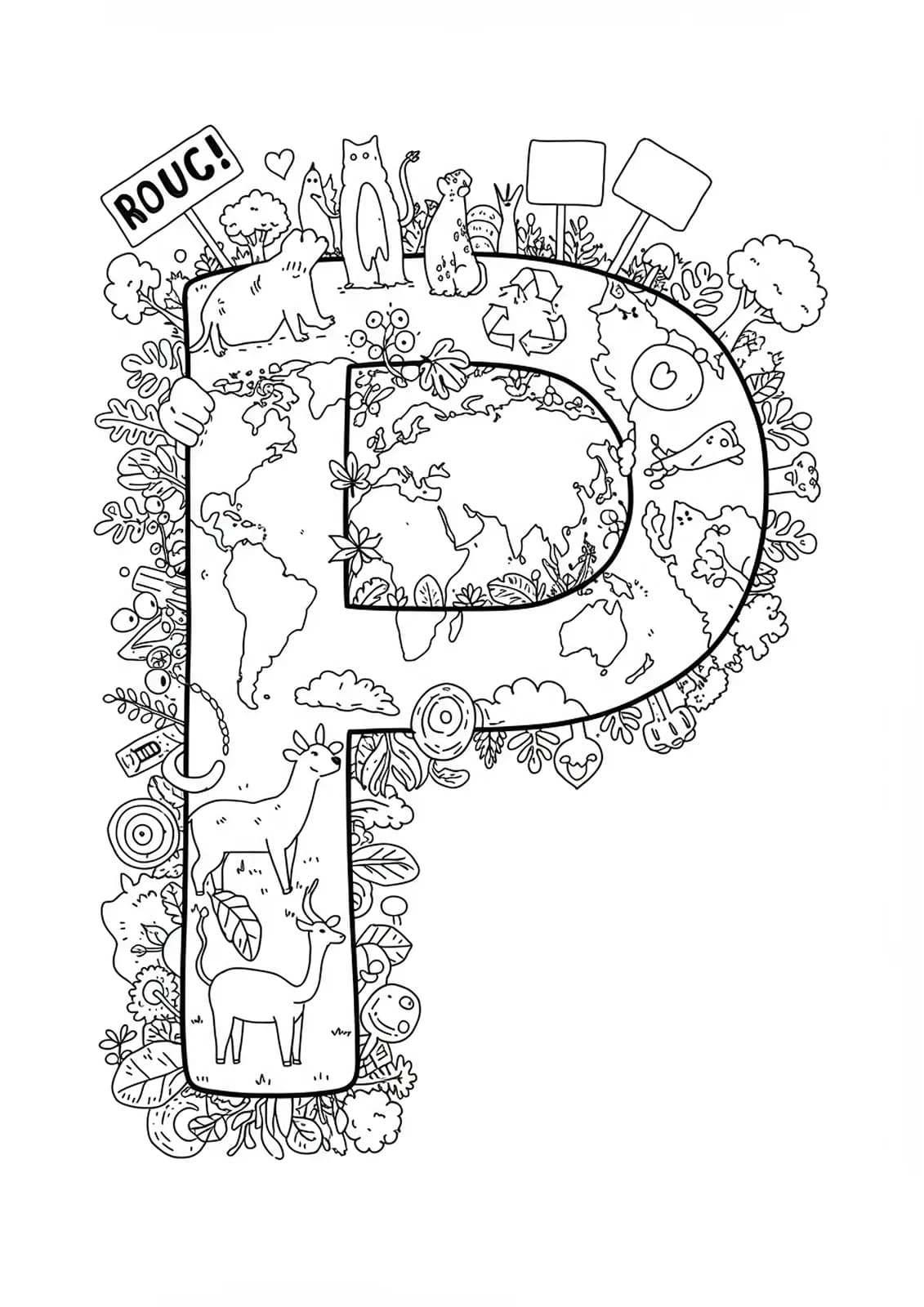 Letter P with planet Earth, recycling icons, protest signs, and nature elements like trees and animals, medium detail.