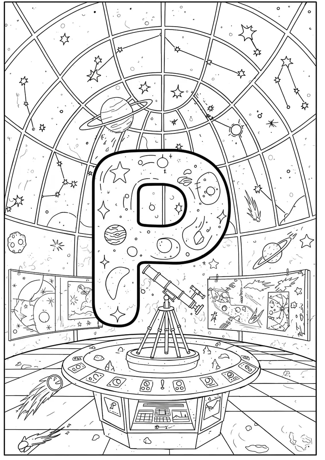 The letter P in a planetarium setting with telescope, star charts, and planets, medium complexity.
