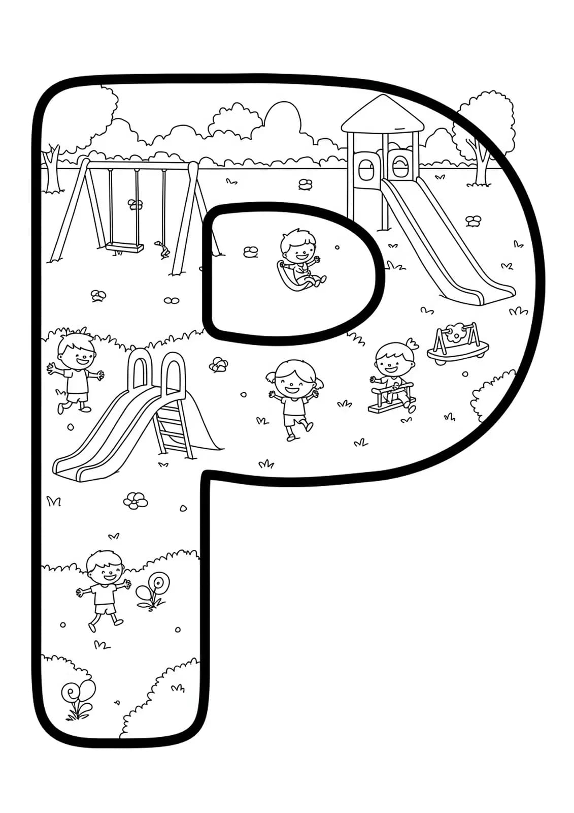 A large letter P with children playing on swings and a slide, all drawn simply.