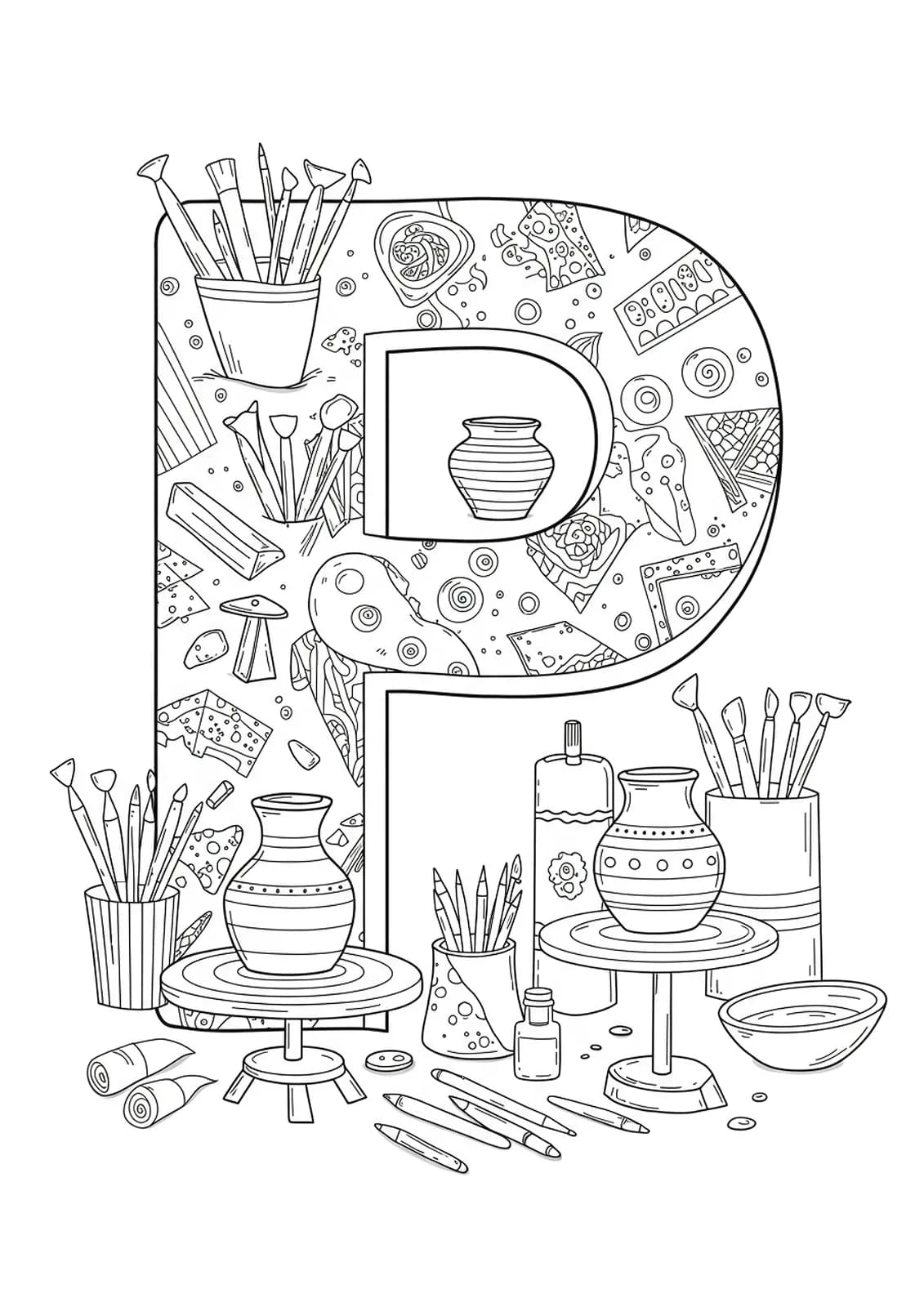 Black and white coloring page of the letter P surrounded by pottery, clay, and art tools in a studio, medium detail.