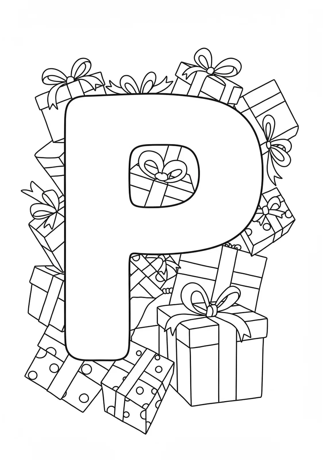 A big letter P surrounded by wrapped presents with bows, all in simple black and white outlines.