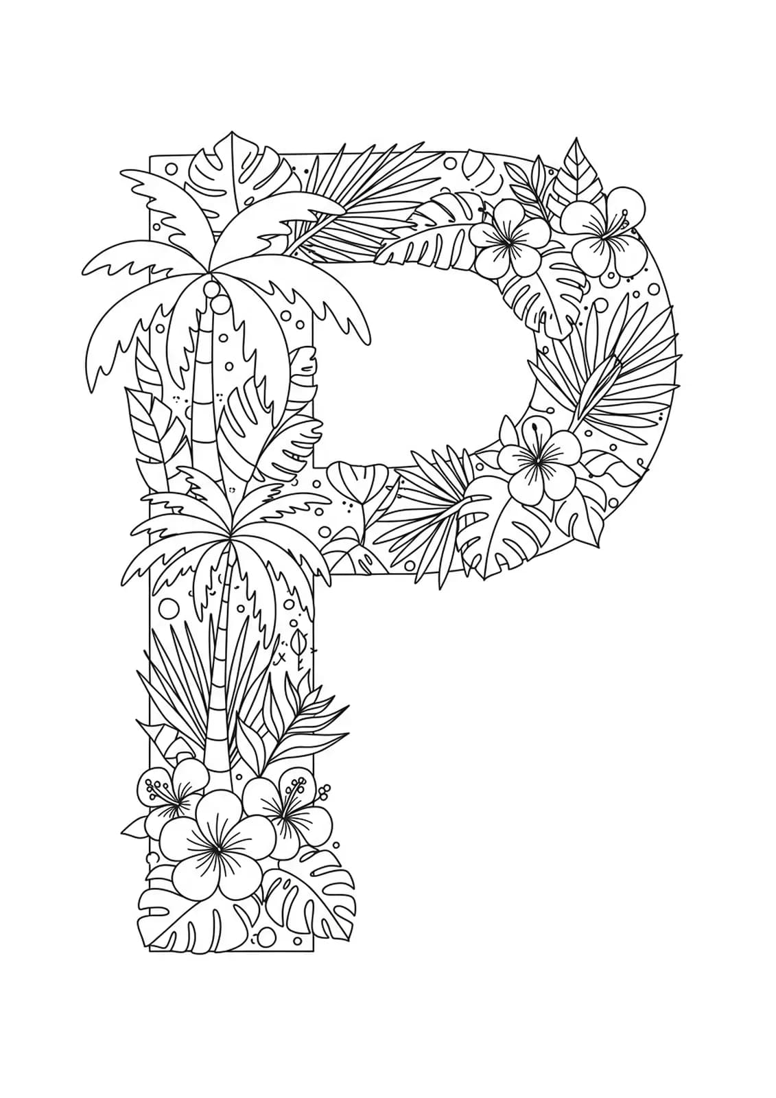 Letter P with tropical palm trees and flowers for adult coloring.