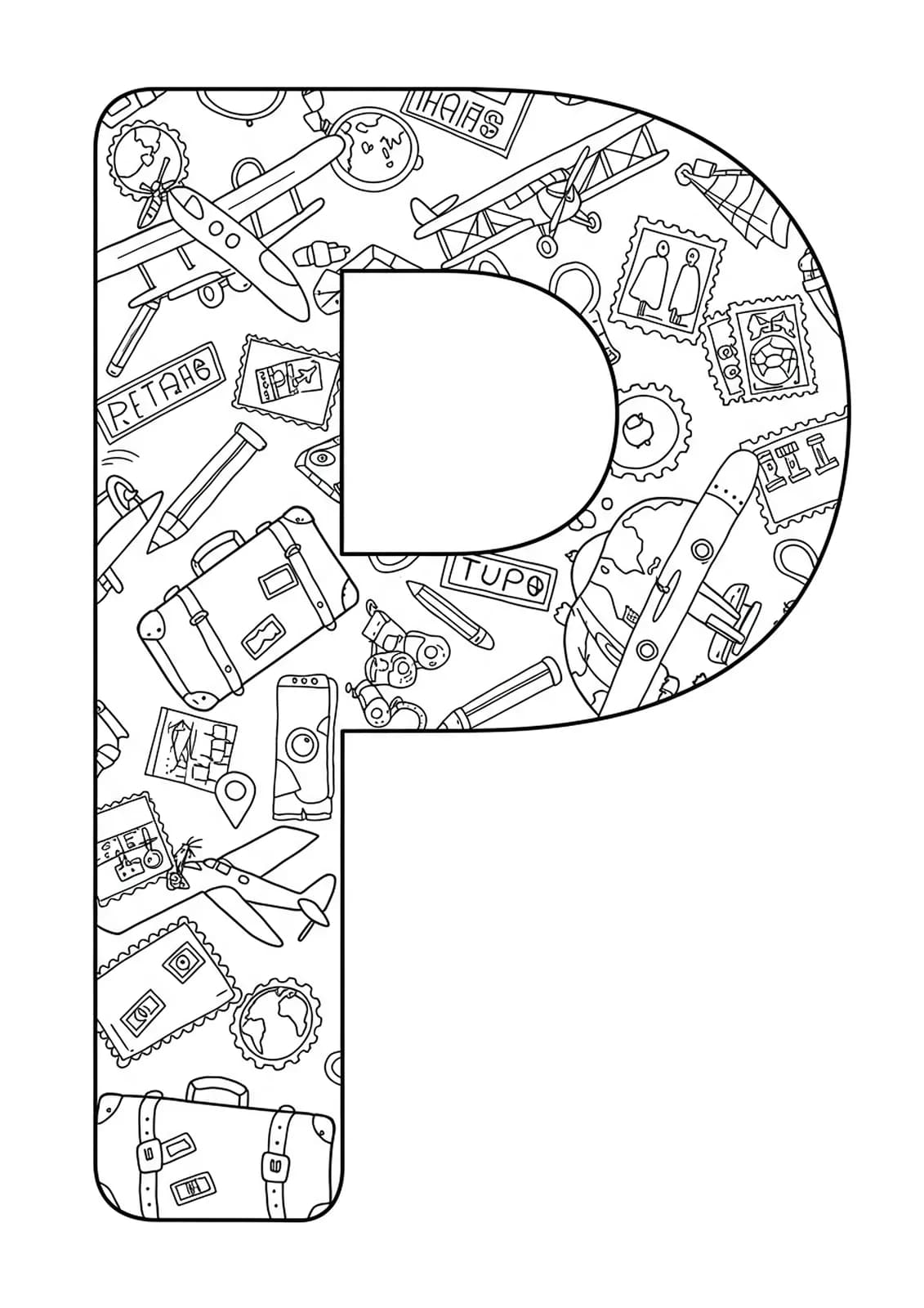Letter P decorated with vintage travel items and motifs for coloring.