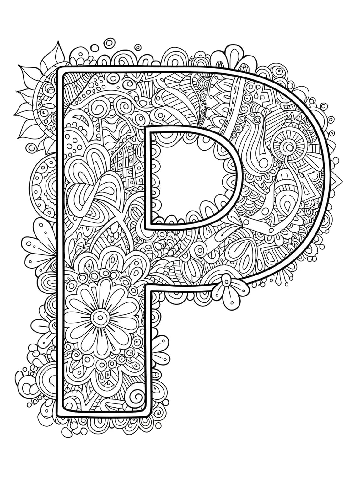 Letter P filled with abstract zen doodle patterns for adult coloring.