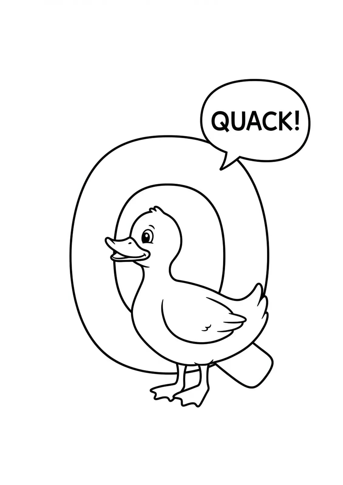 Large letter Q with a cartoon duck and speech bubble that says 'quack', all simple outlines.