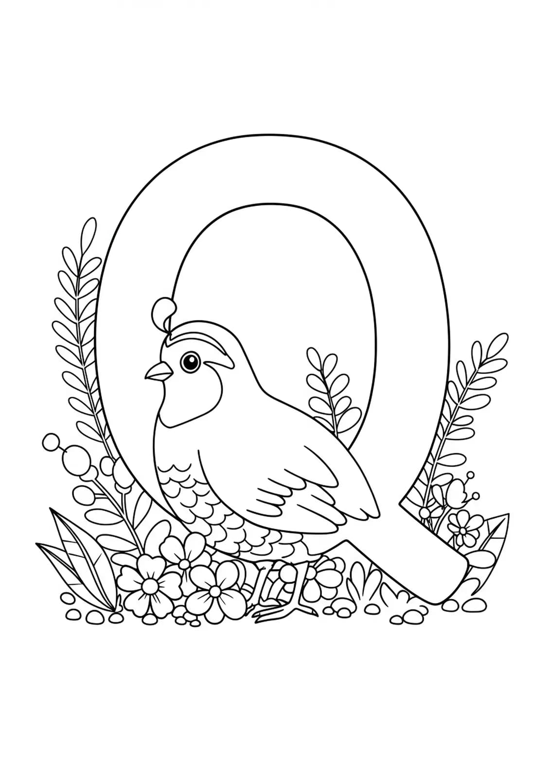 Outline drawing of a capital letter Q with a quail and garden plants for coloring