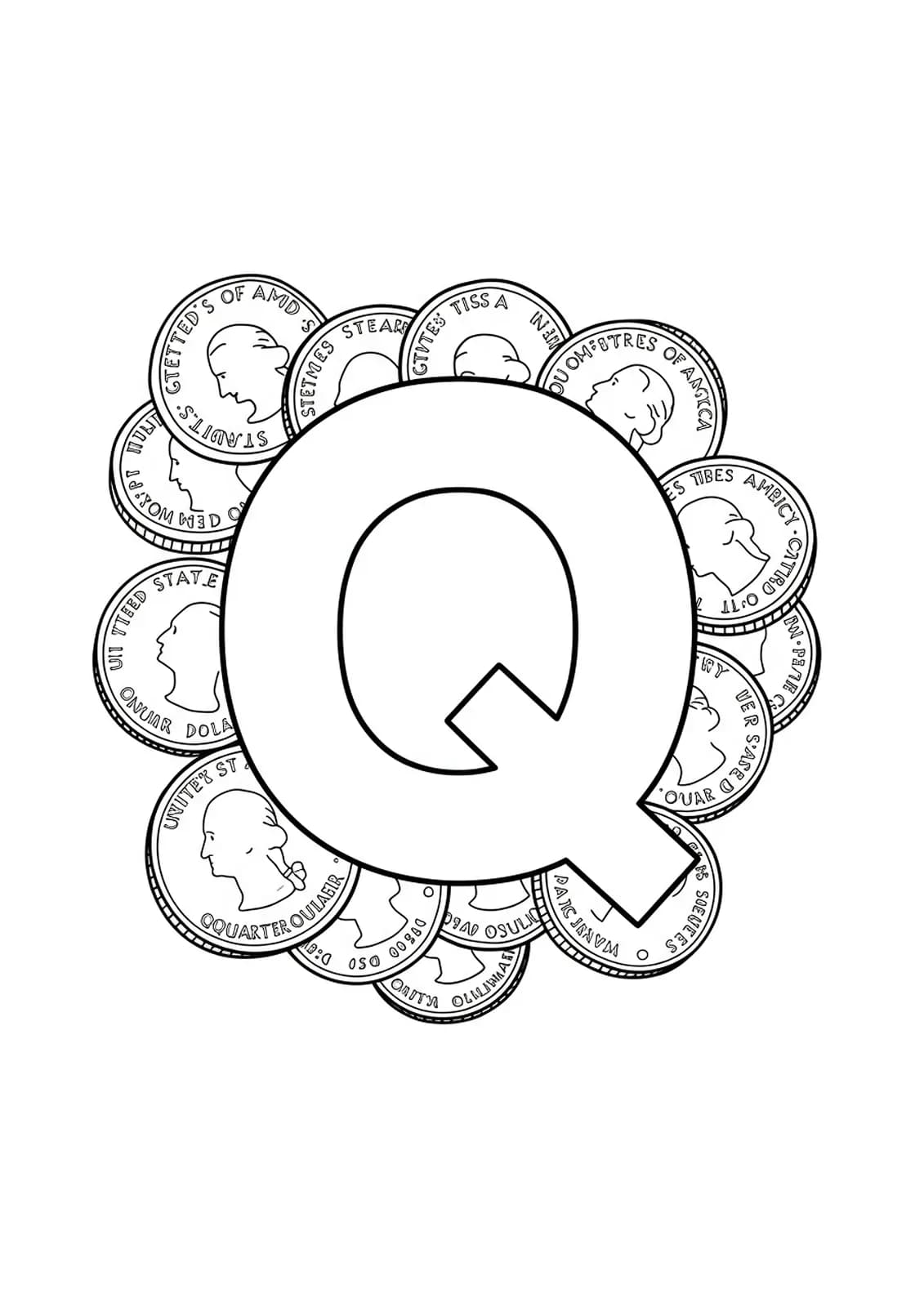 Outline of letter Q surrounded by different quarter coins for coloring
