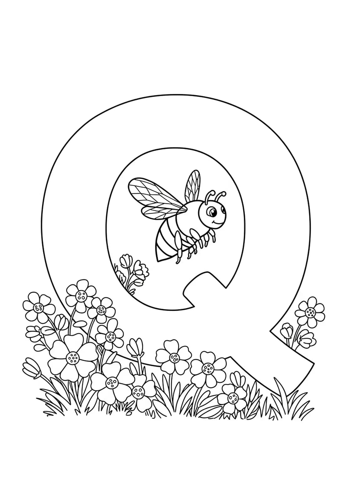 Outline of letter Q, a queen bee, and spring flowers for coloring