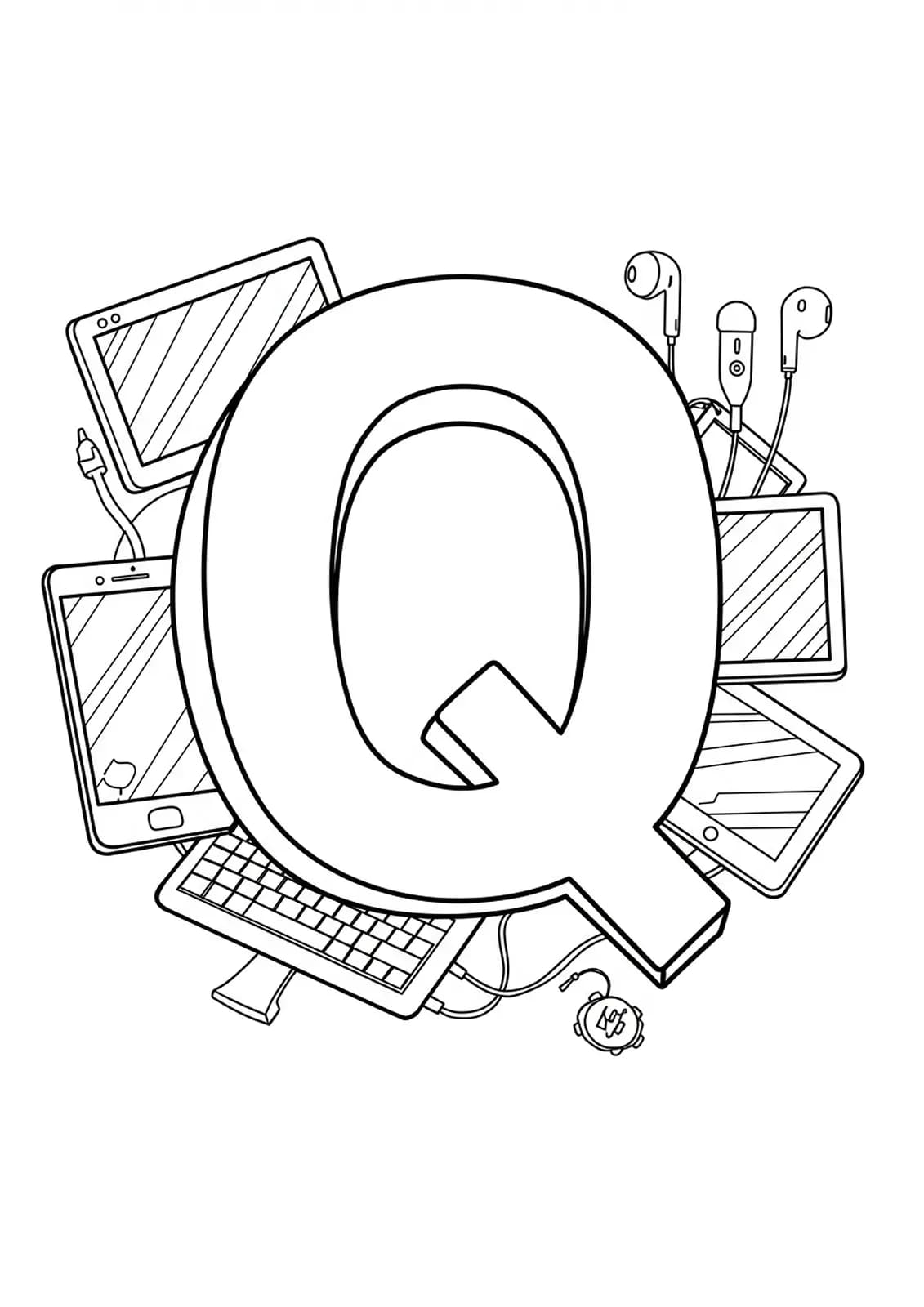 Coloring page with letter Q and technology gadgets like smartphone and earbuds.