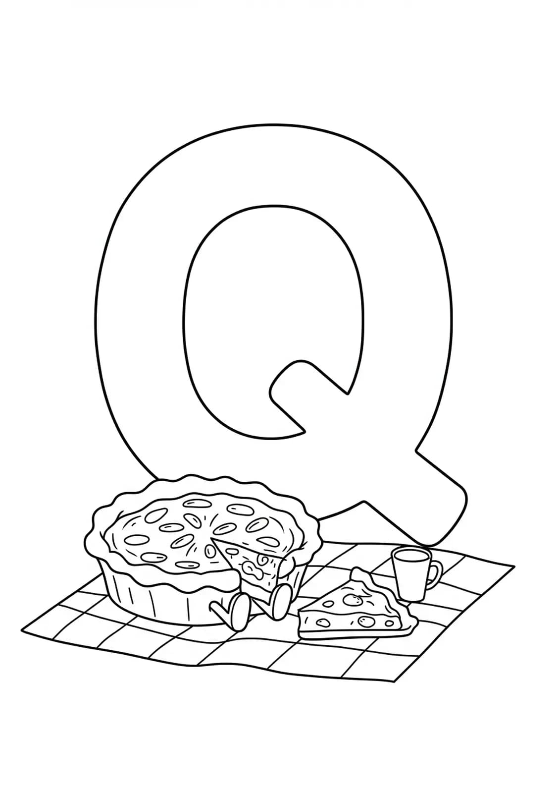 Big letter Q next to a cartoon quiche pie on a picnic blanket with easy outlines.