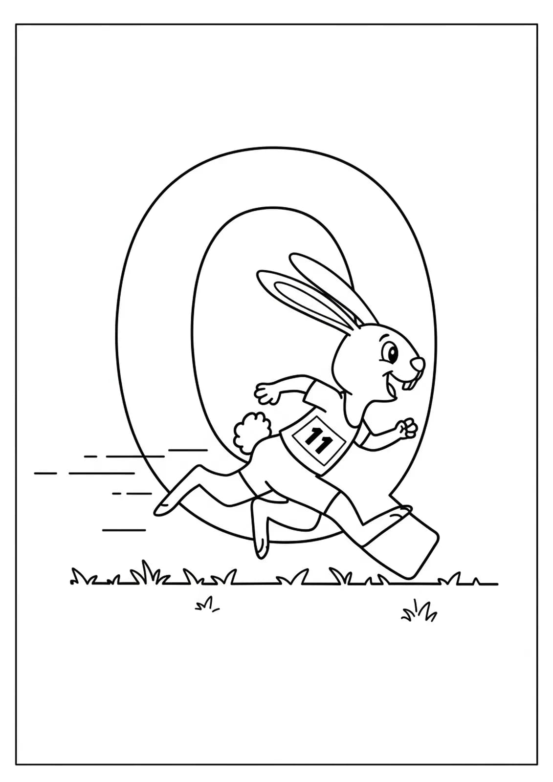 Large letter Q with a cartoon rabbit running, very simple outlines for young kids.