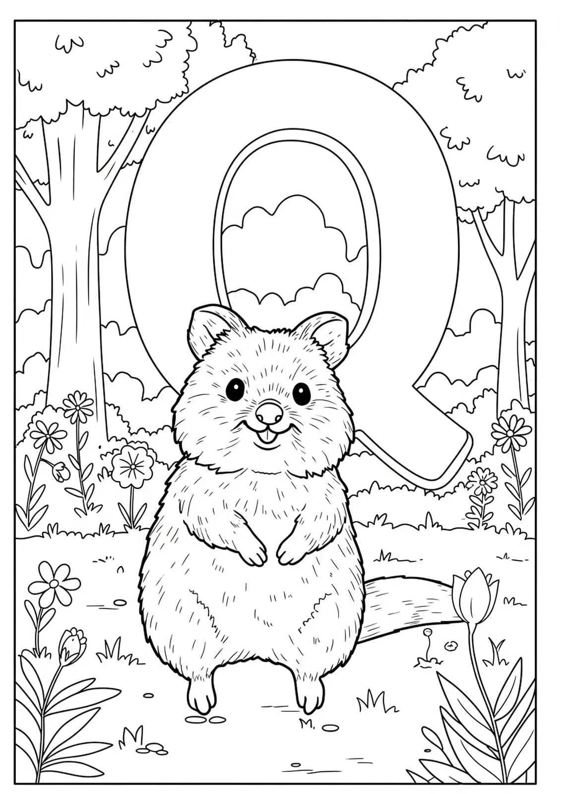 A smiling quokka sitting in a park with trees, flowers, and a large letter Q.