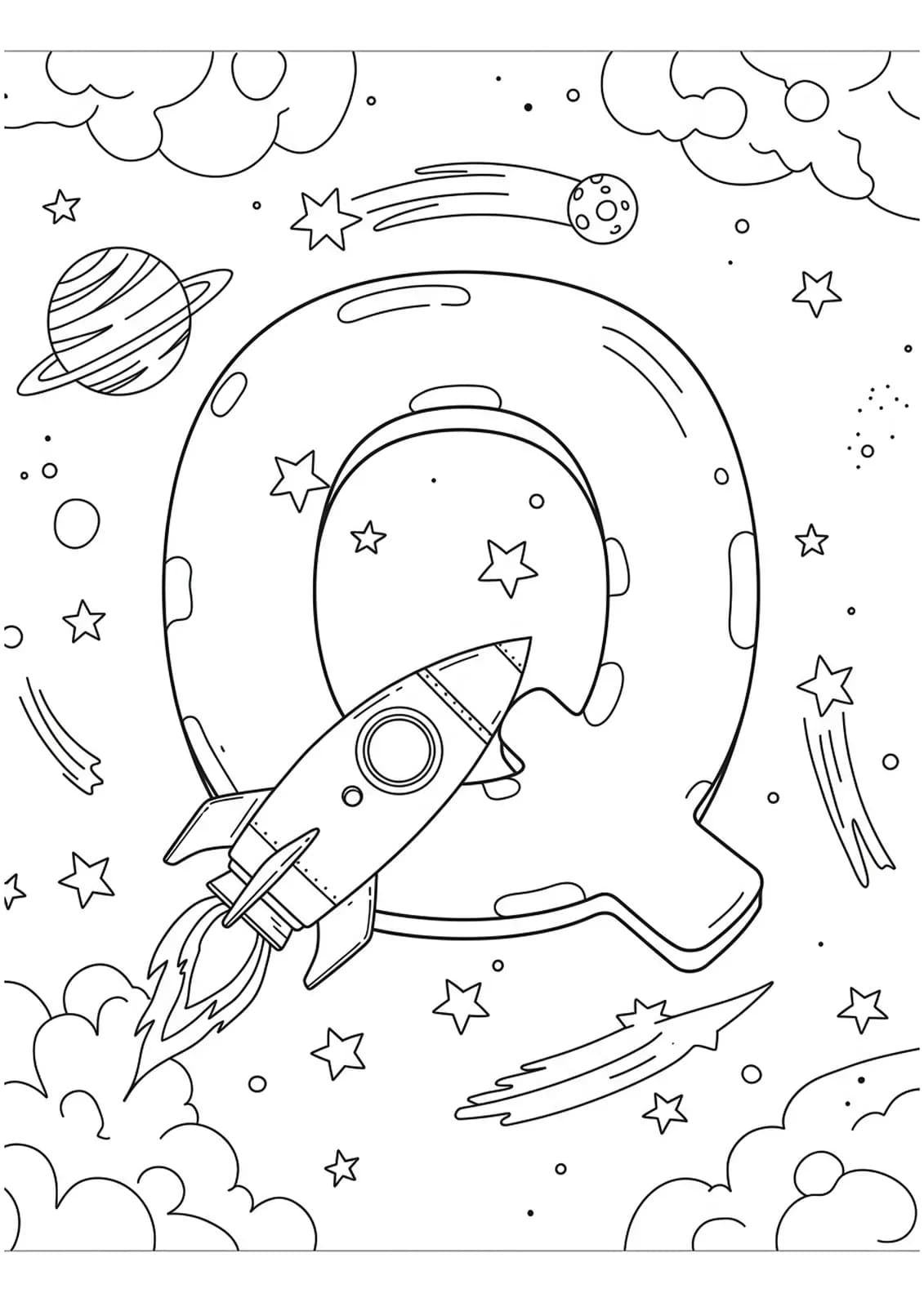Outline of letter Q rocket ship flying in space with stars and planets for coloring