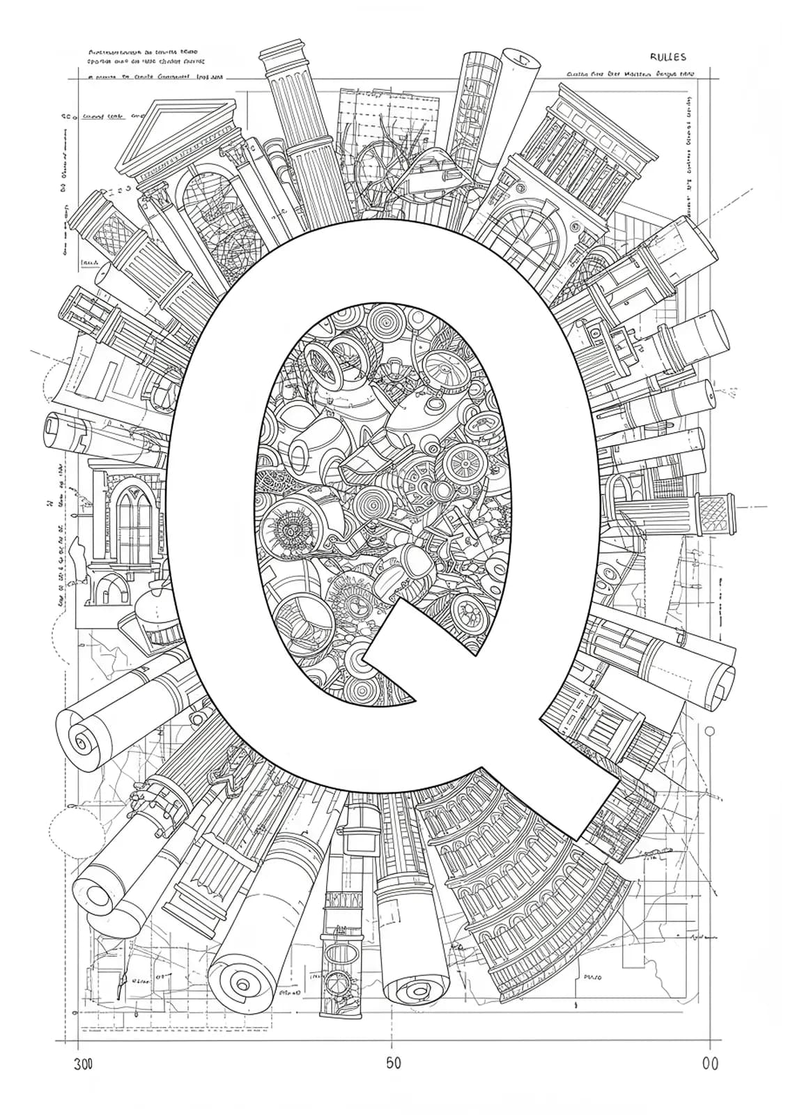 A complex letter Q design surrounded by detailed architectural drawings and famous structures for adult coloring.