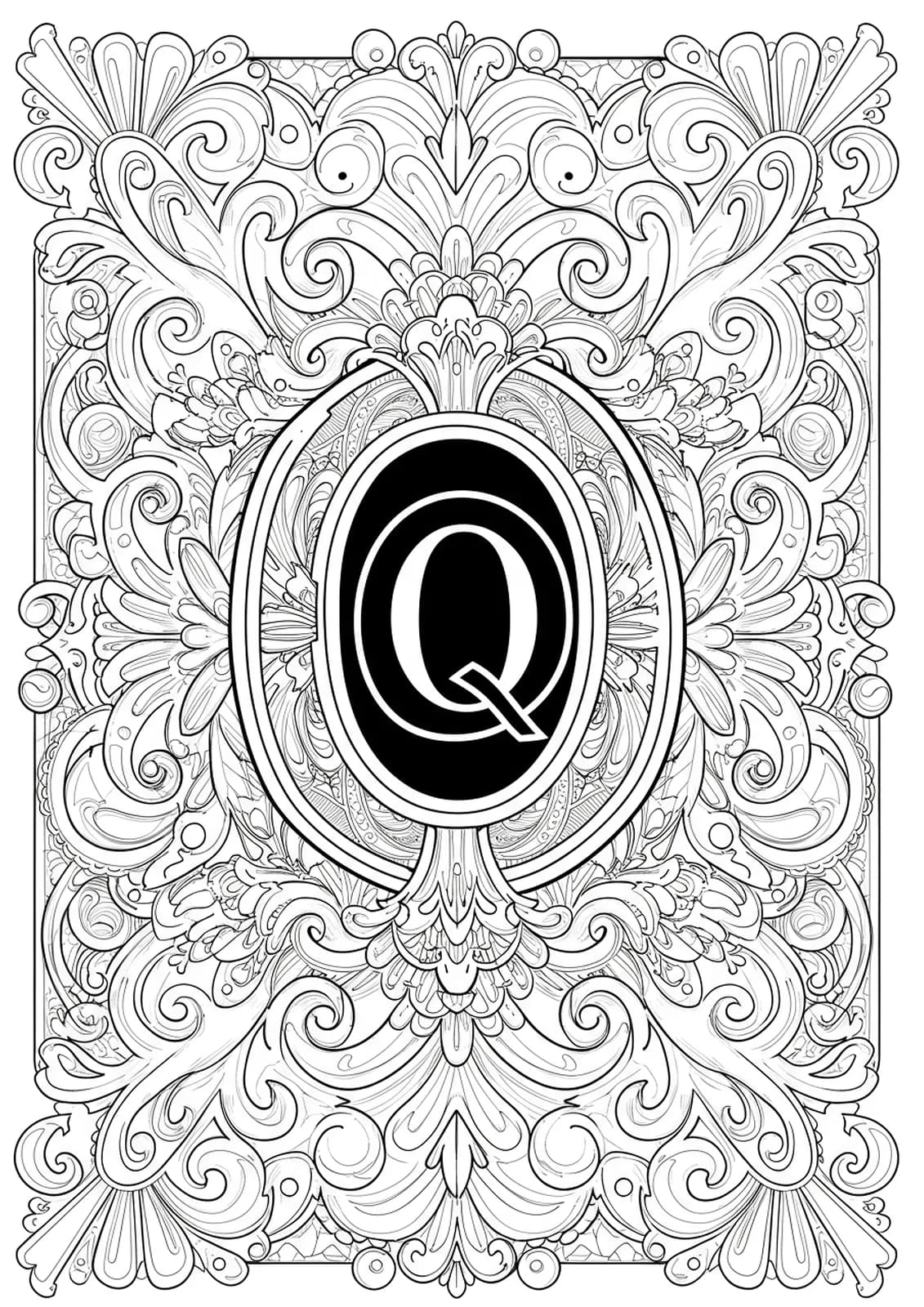 A stylized letter Q adorned with intricate Art Deco geometric patterns and embellishments for adult coloring.