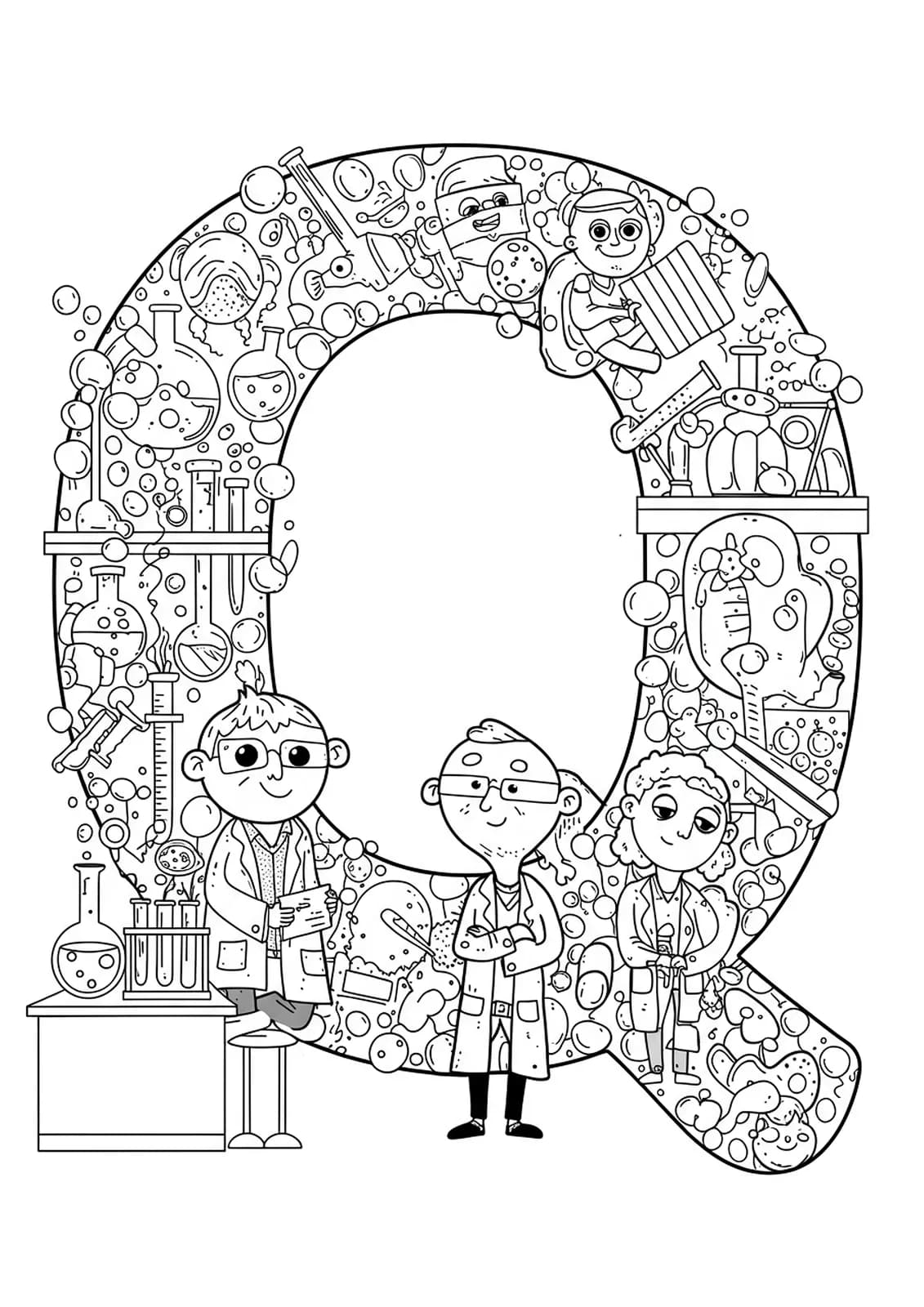 Intricate science lab scene with the letter Q, flasks, beakers, and scientists.