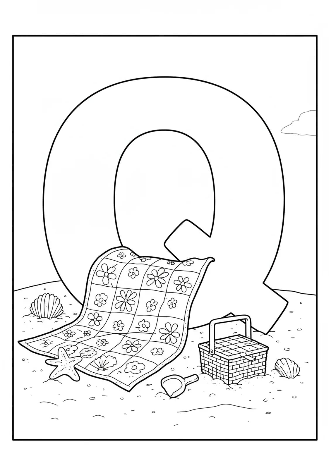 Outline of a letter Q, quilt, picnic basket, and beach scene for coloring