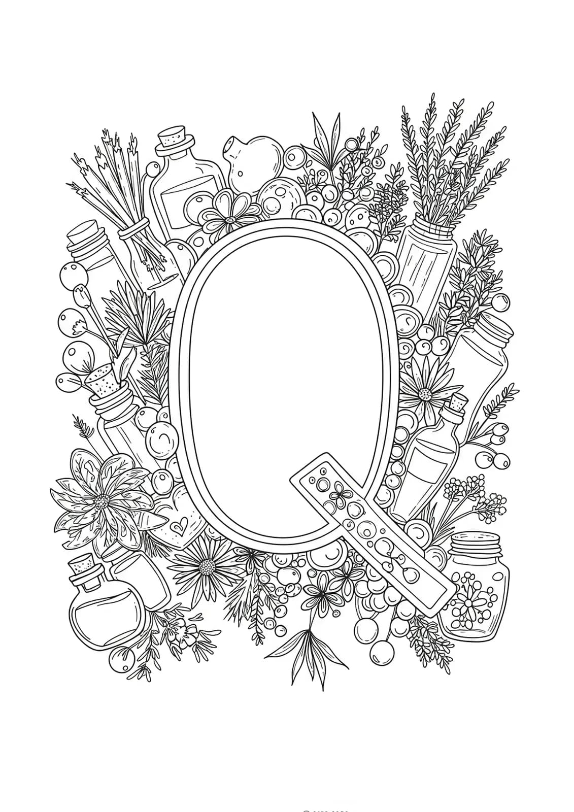A complex letter Q design surrounded by apothecary bottles, herbs, and botanical details for adult coloring.