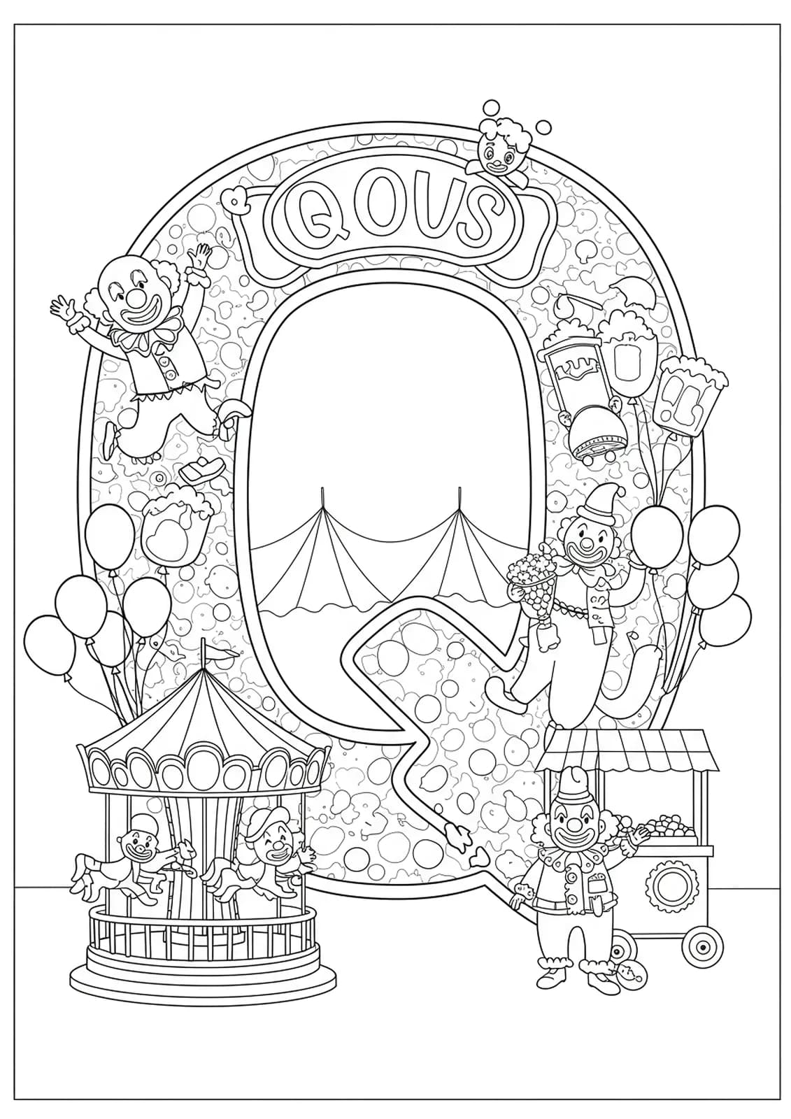 Carnival scene featuring the letter Q, clowns, carousel, popcorn, and balloons.