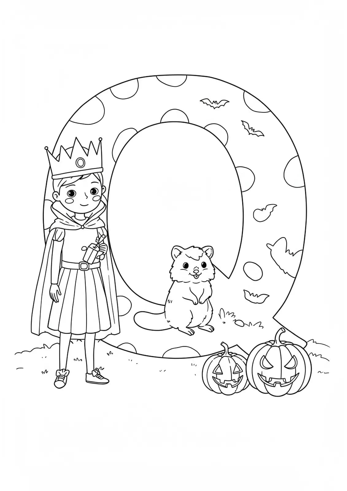 Outline of letter Q with child in queen costume, quokka, and Halloween pumpkins for coloring