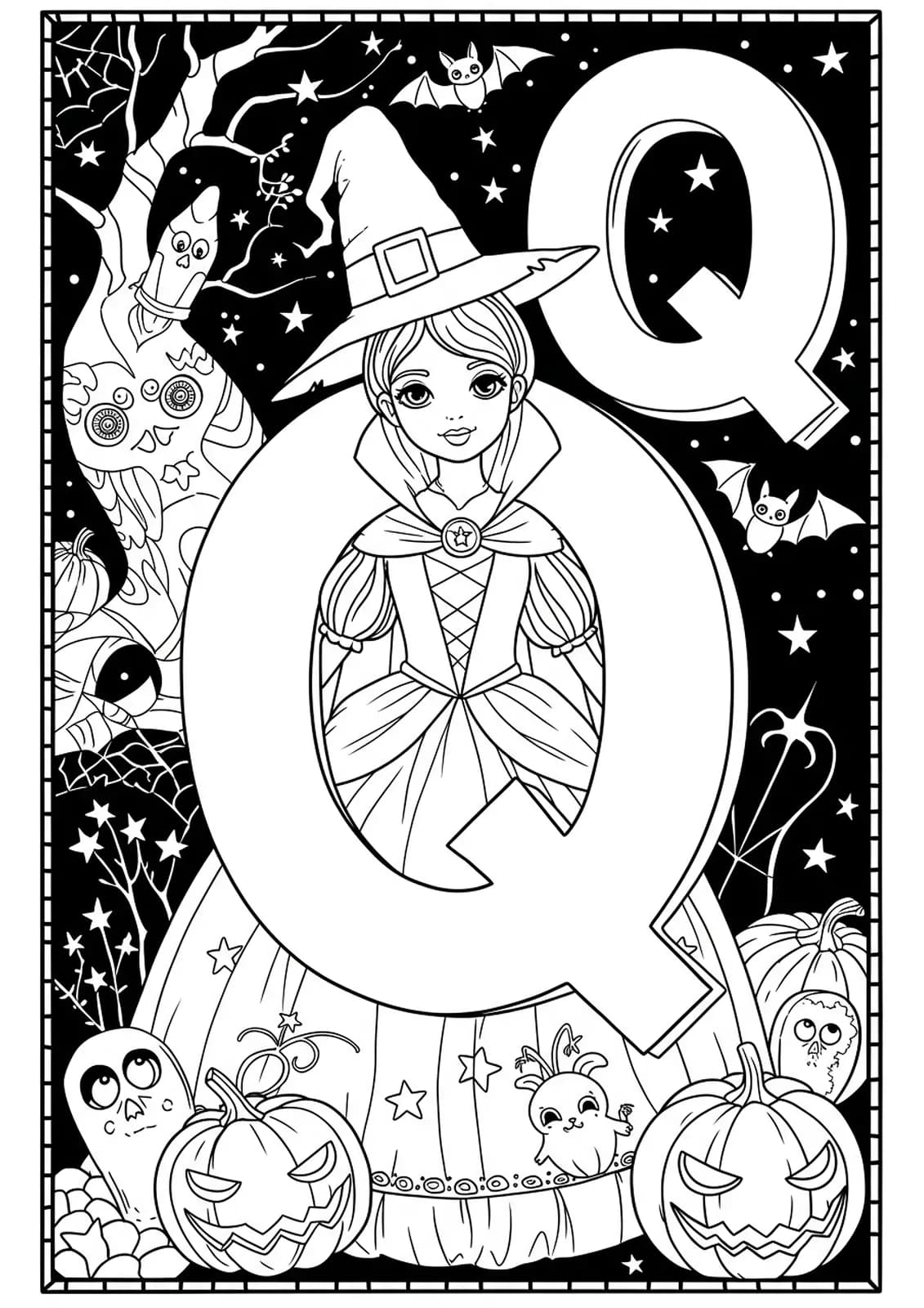 A magical queen in a Halloween costume standing beside the letter Q with pumpkins, bats, and stars.