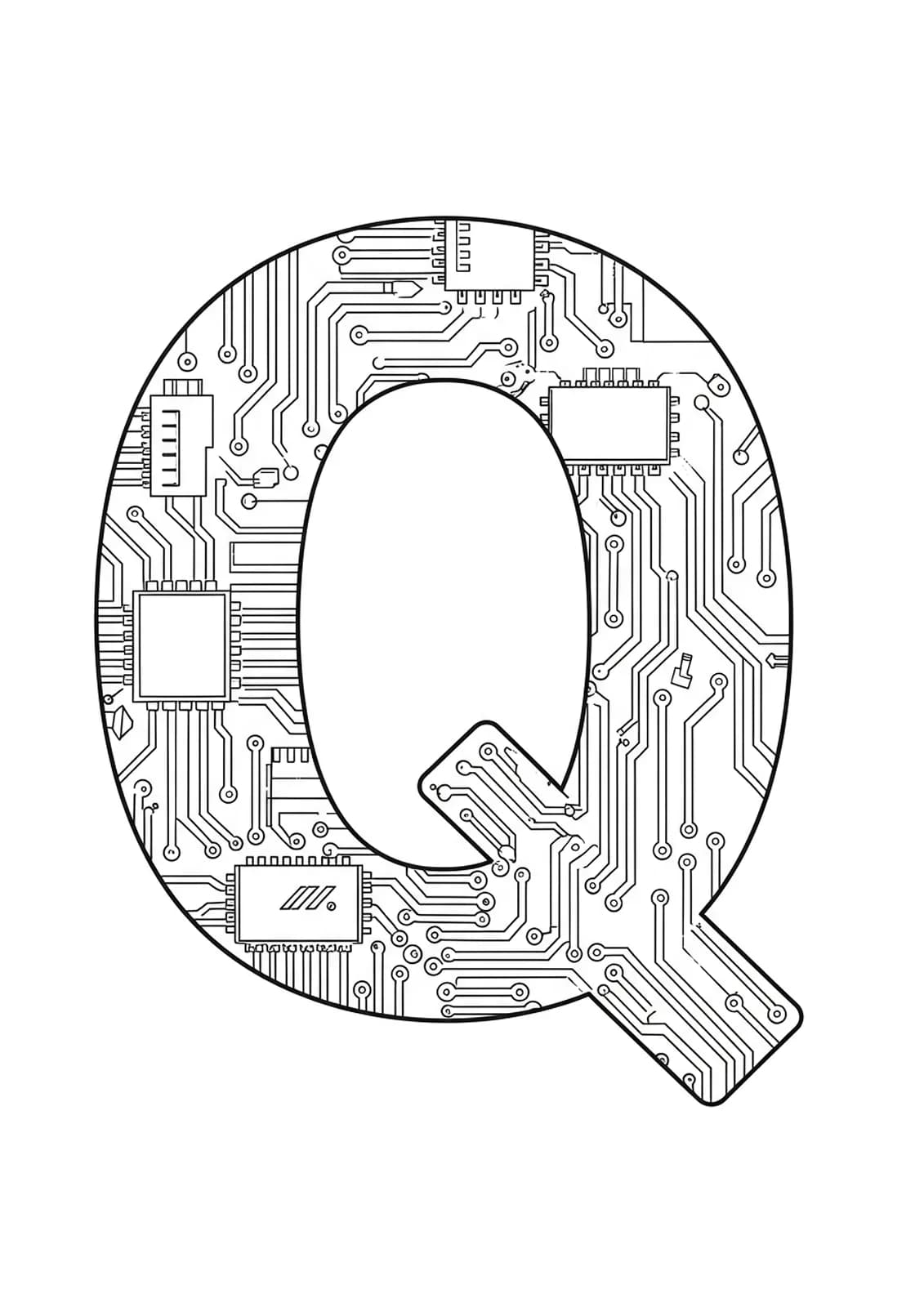 A cyberpunk-themed letter Q with intricate circuit board patterns and futuristic details for teens.