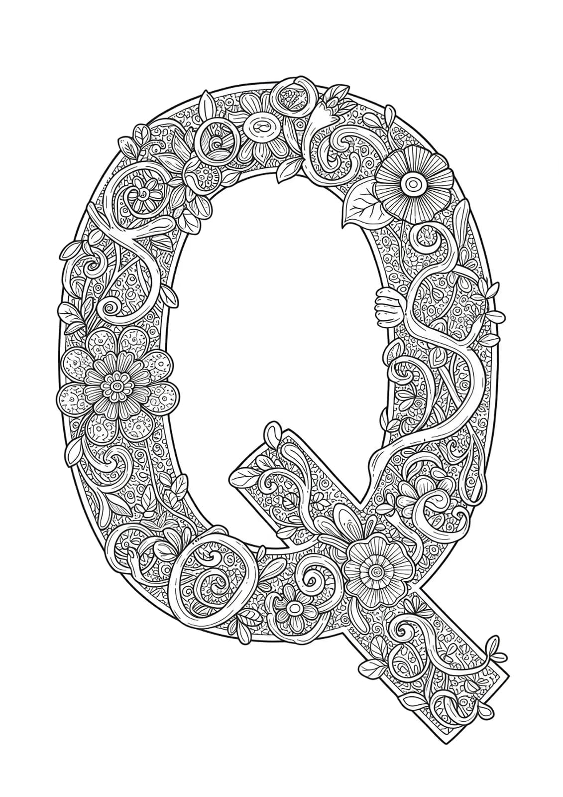 A sophisticated letter Q enmeshed in an elaborate labyrinth garden with twisting paths and floral borders for adult coloring.