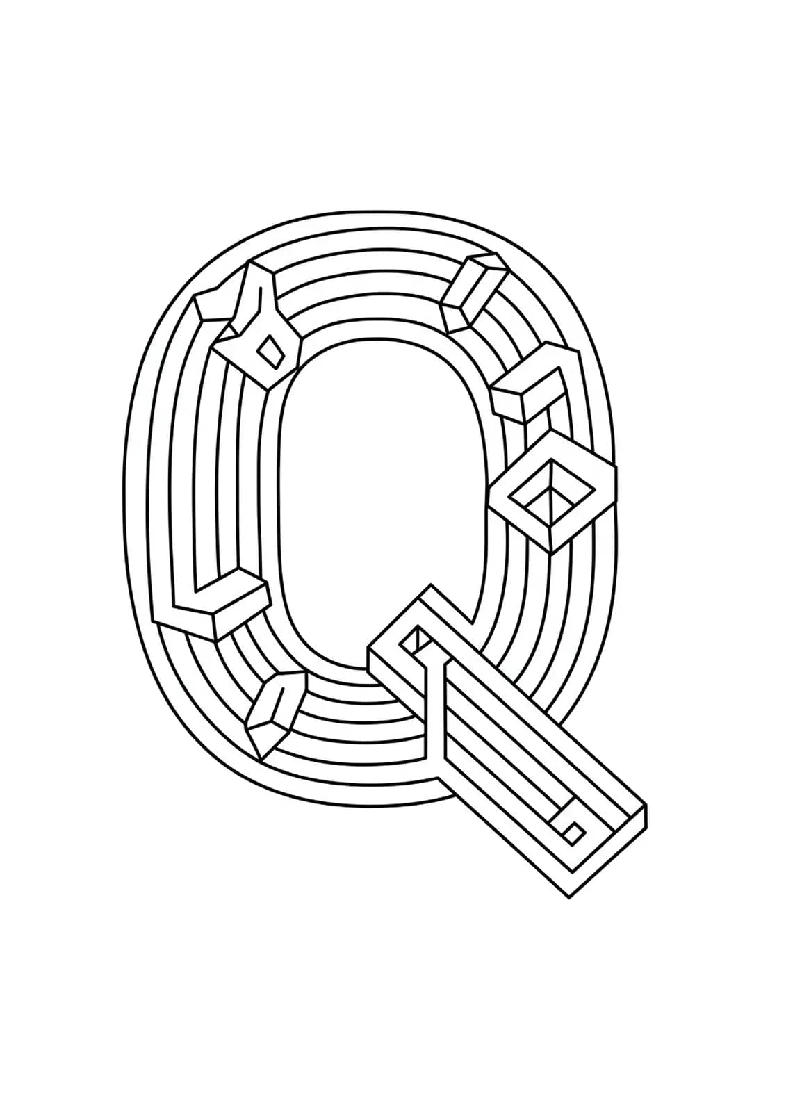 A decorative letter Q integrated with complex optical illusion patterns and impossible shapes for adult coloring.