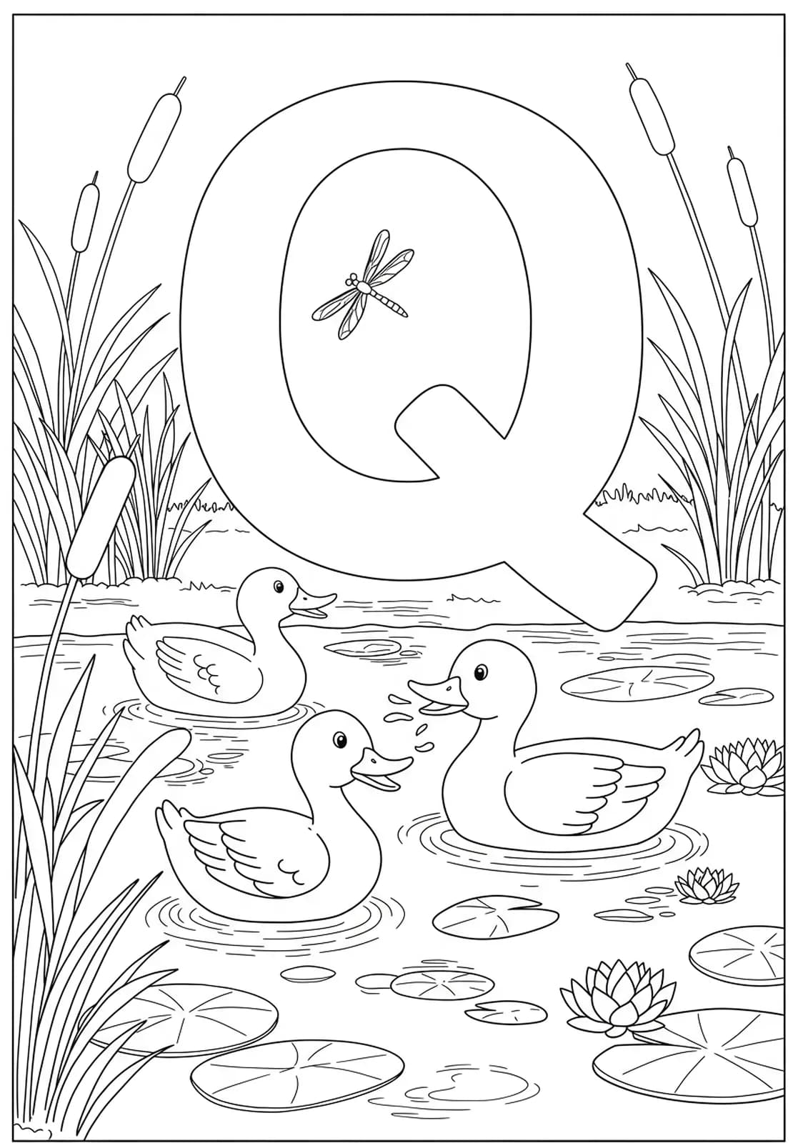 Ducks quacking in a pond with reeds, lily pads, dragonflies, and the letter Q.