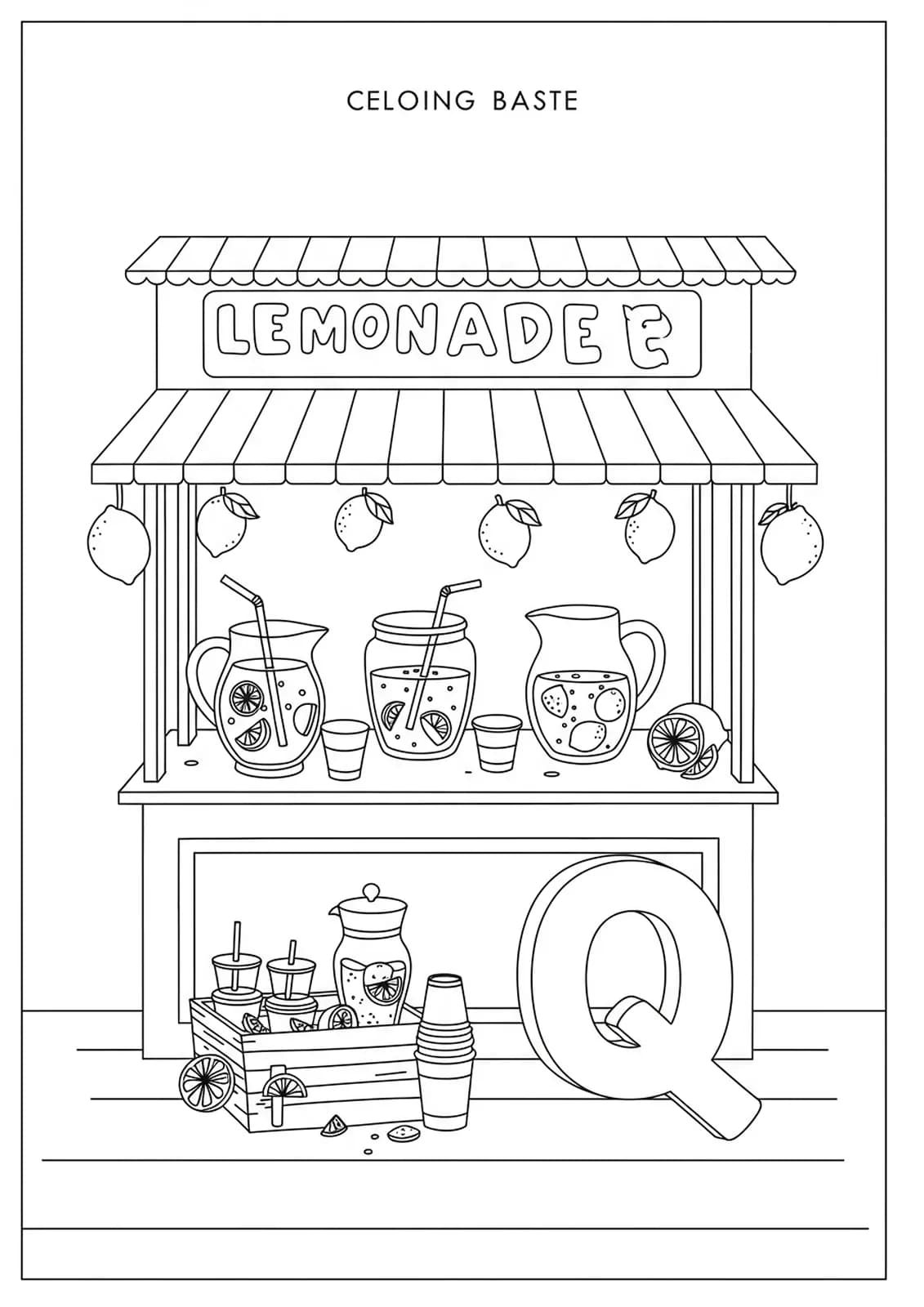 A lemonade stand with pitchers, cups, lemons, and a large letter Q.