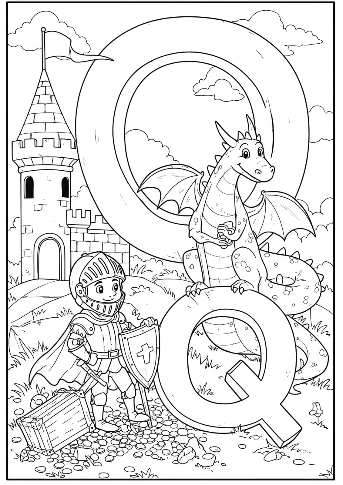 A knight and dragon searching for treasure near a castle and a large letter Q.