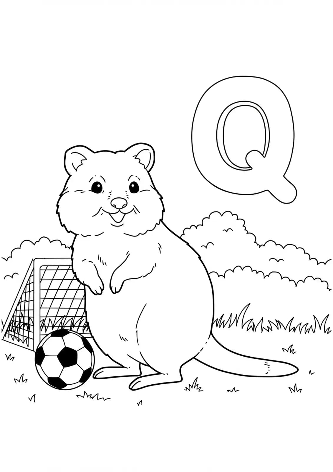 A quokka kicking a soccer ball with the letter Q, goalpost, and grassy field.