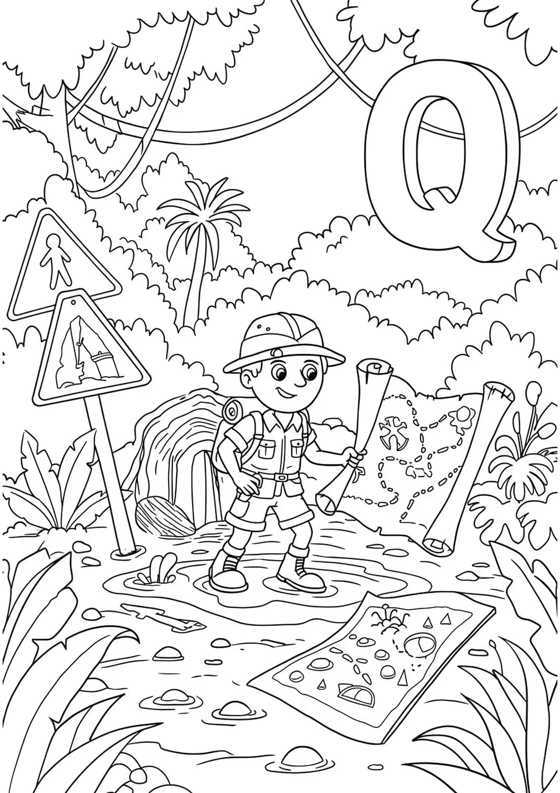 An explorer near quicksand with warning signs, jungle plants, a map, and a large letter Q.