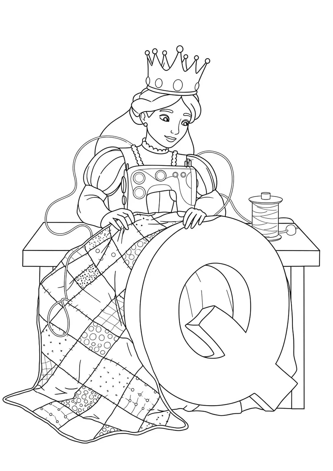 A queen sitting and sewing a patterned quilt by the letter Q, with threads and fabric squares.
