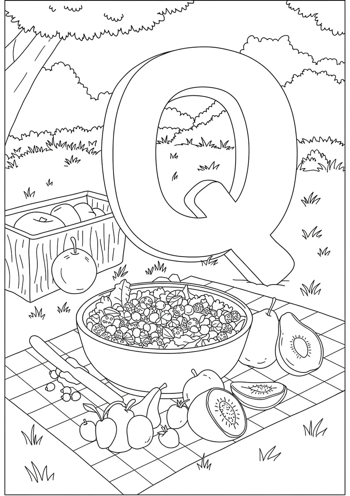 A picnic scene with a bowl of quinoa salad, fruits, and a large letter Q.