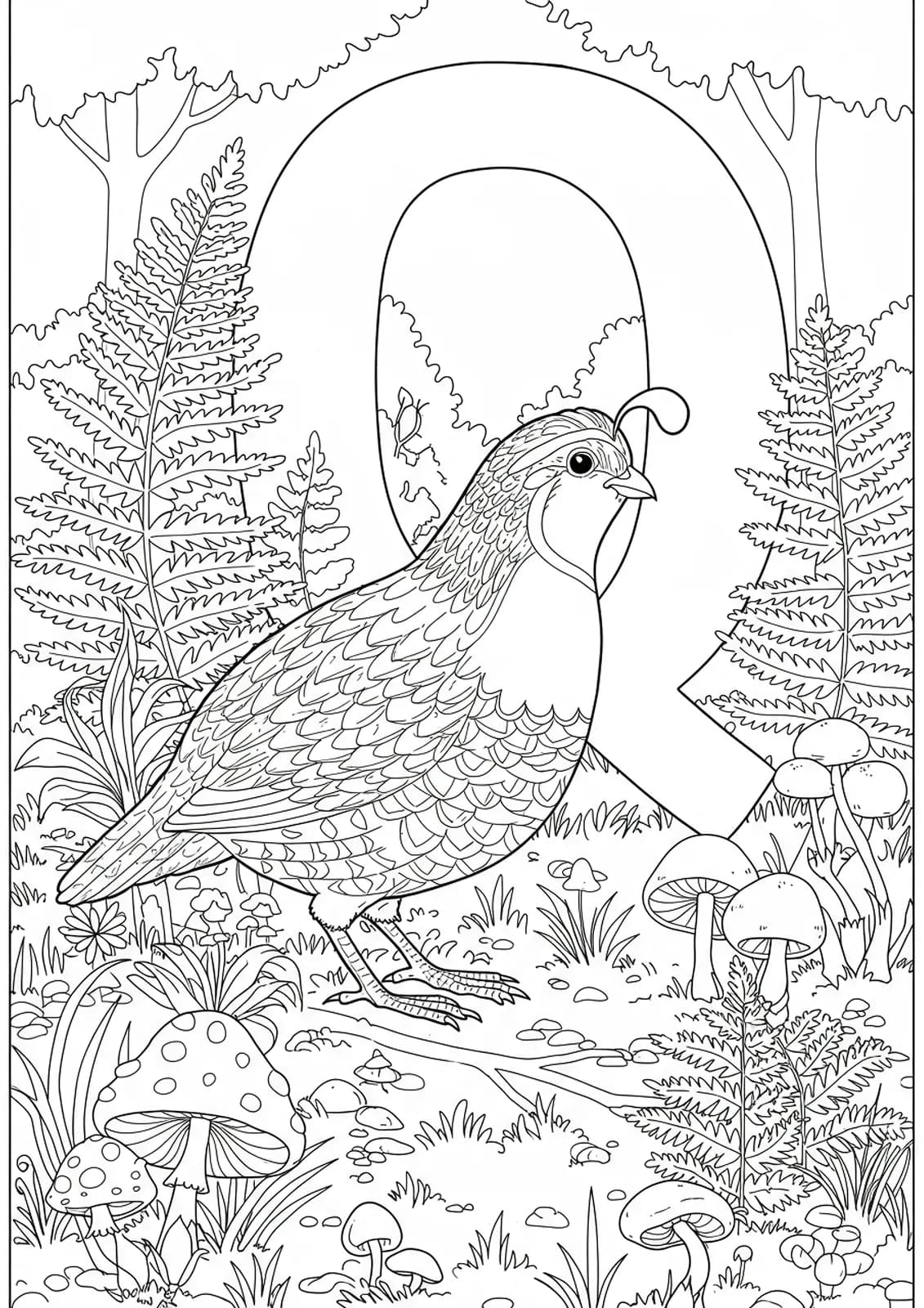 A quail walking in a forest with ferns, mushrooms, and a big letter Q.