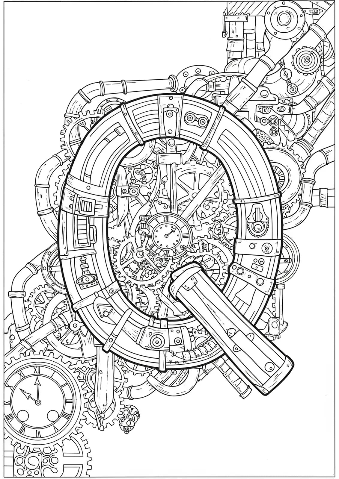 A highly intricate letter Q decorated with steampunk gears, pipes, and Victorian patterns for adult coloring.